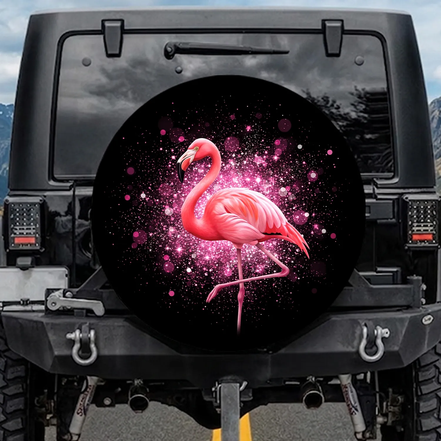 Pink Flamingo Shimmering Fuchsia Silver Glitter - Travel Essentials Gift for Flamingo Lover Spare Tire Cover - 1