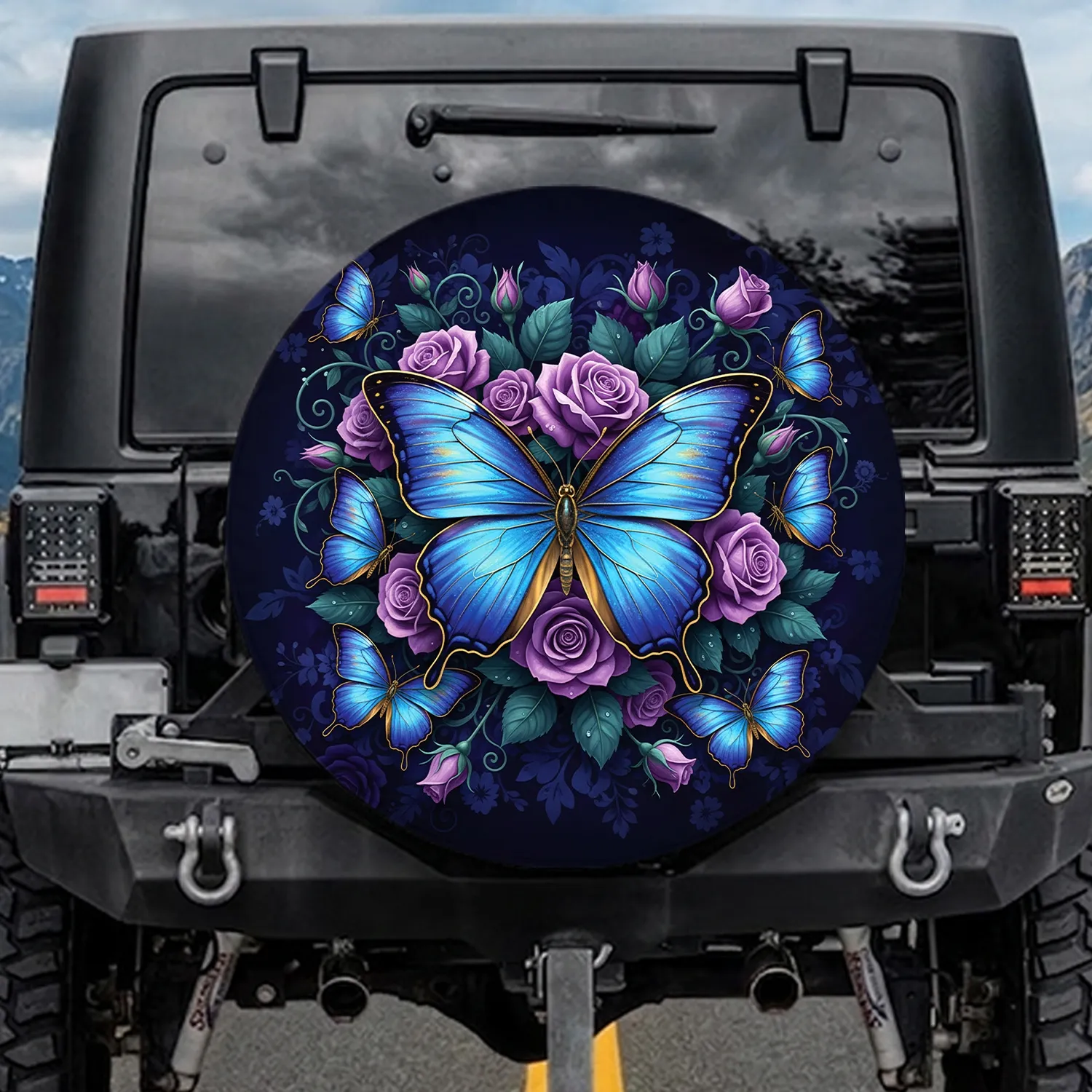 Iridescent Butterflies Purple Roses Teal Foliage Deep Floral Scene - Outdoor Enthusiast Gift Spare Tire Cover - 1