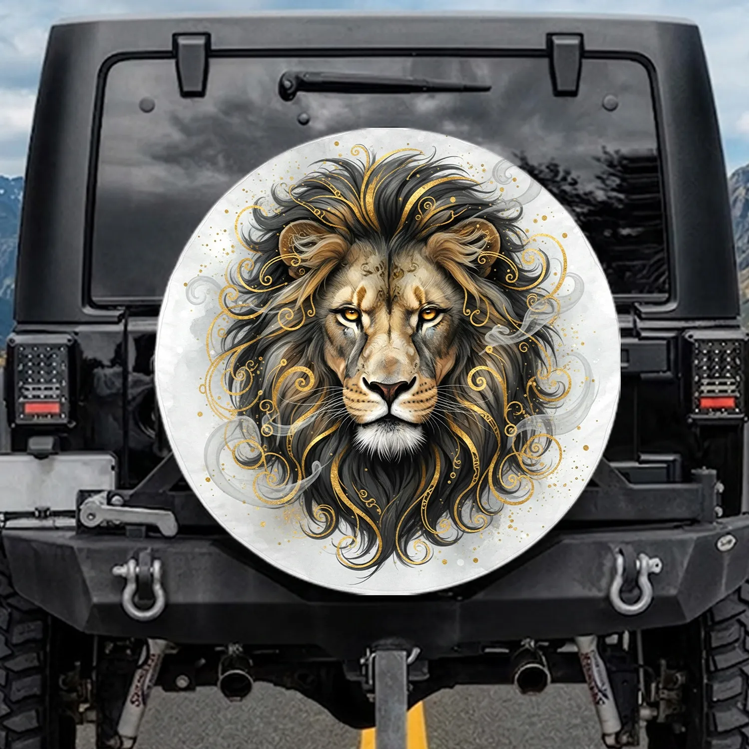 Lion Head Charcoal Mane Gold Filigree Splatter - Wildlife Lover Auto Decor Gift Spare Tire Cover - 1