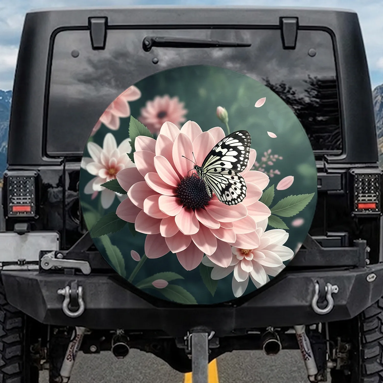 Black White Butterfly Blush Pink Floral - Nature Lover Home Decor Gift Spare Tire Cover - 1