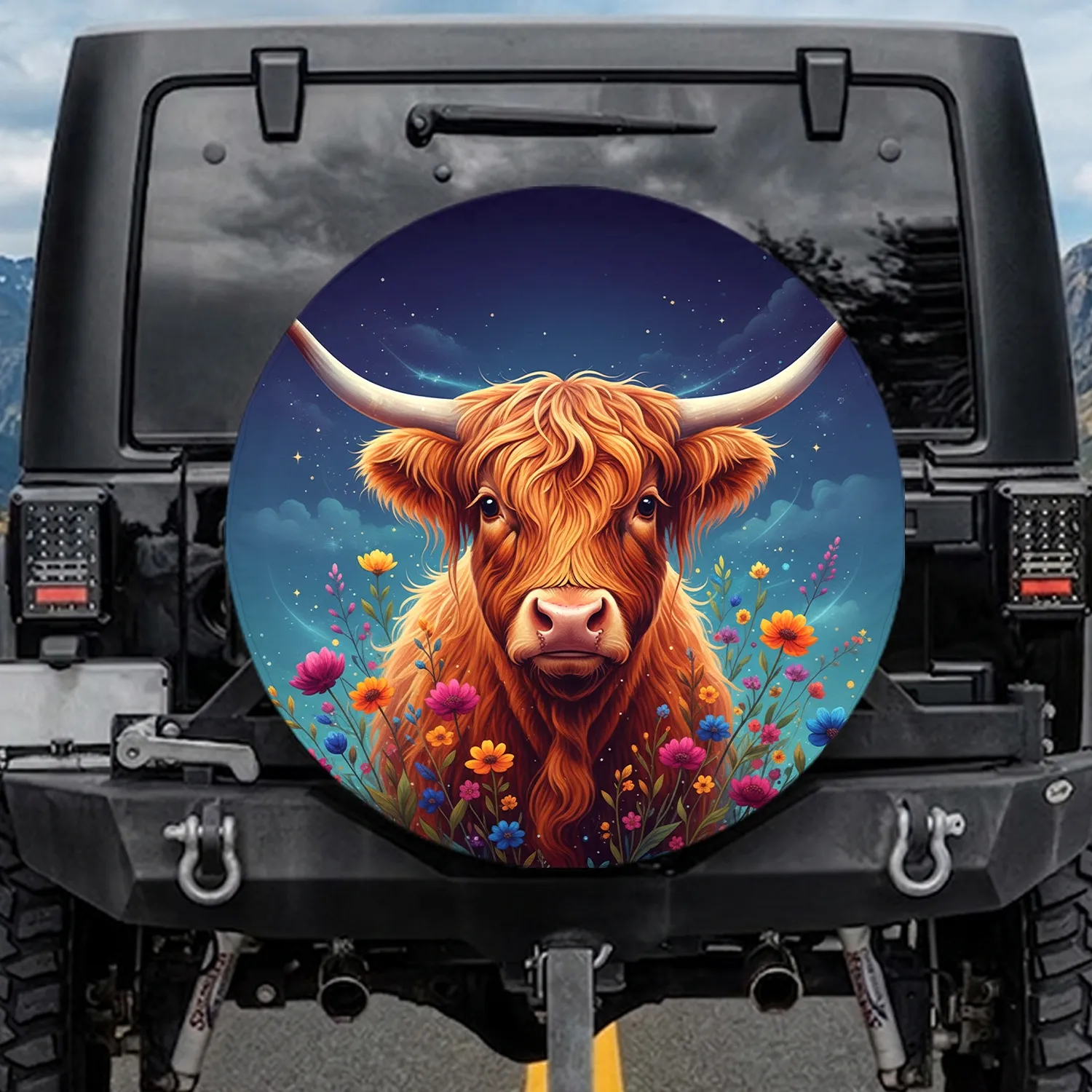 Highland Cow Wildflower - Farmhouse Home Decor Gift for Cow Lover Spare Tire Cover - 1