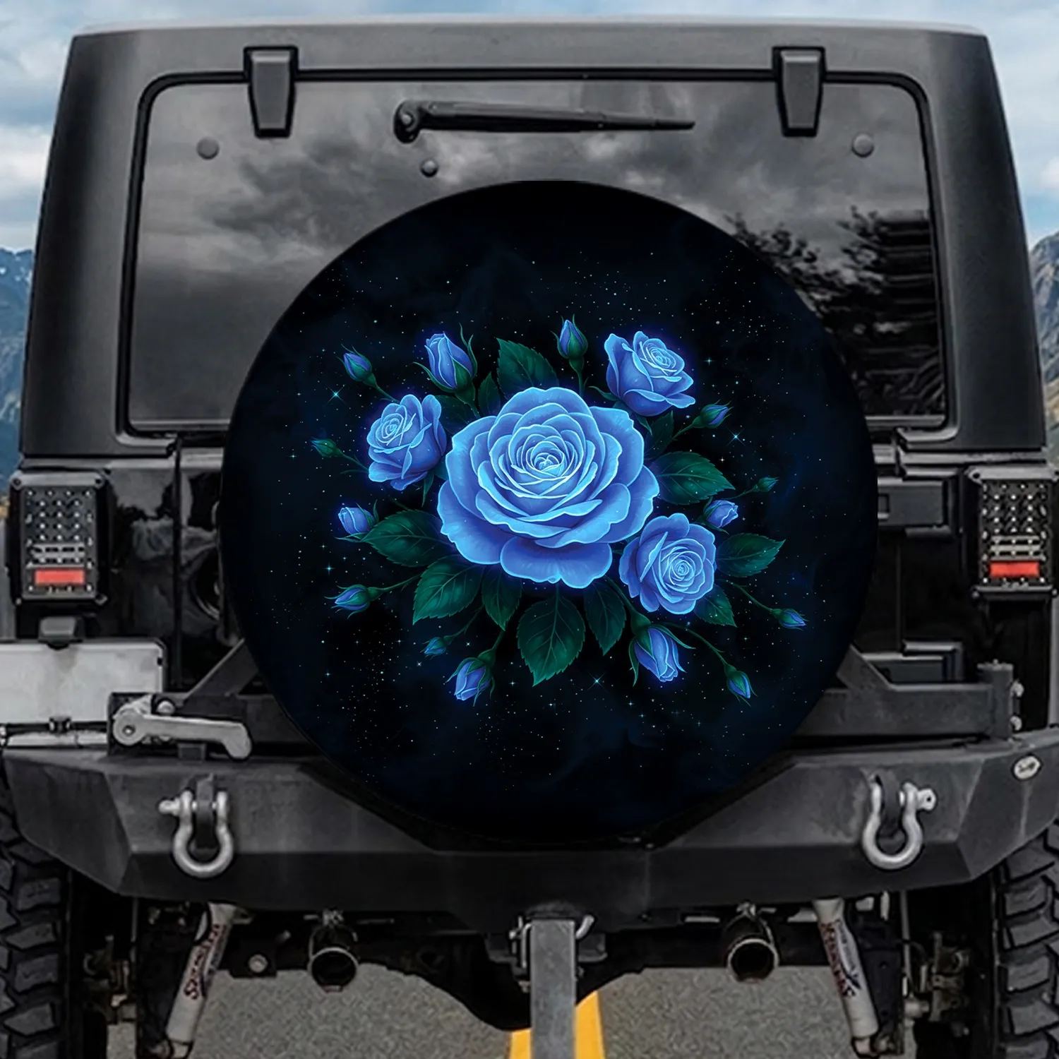 Glowing Electric Blue Roses Emerald Leaves - Home Decor Gift for Floral Lover Spare Tire Cover - 1