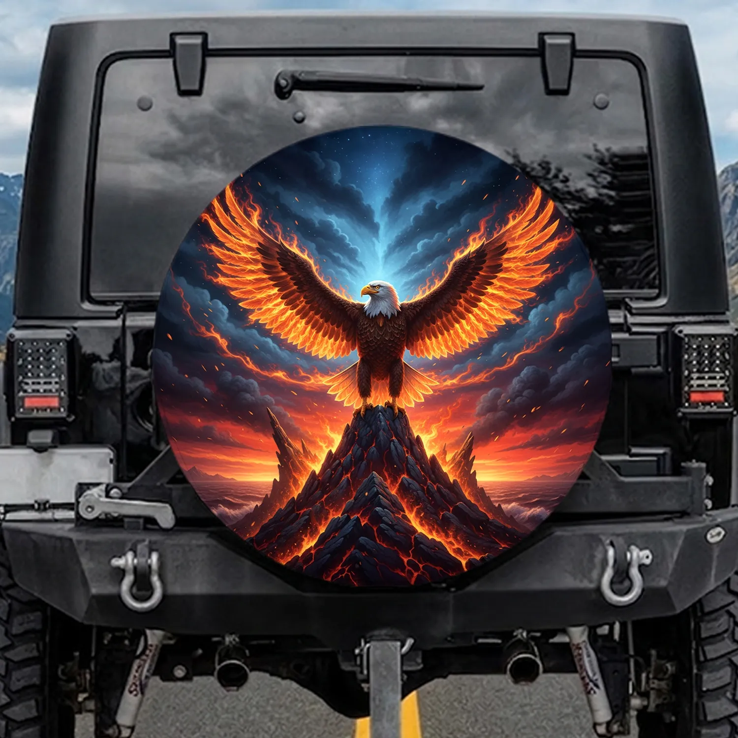 Bald Eagle Flame Wings Glowing Volcanic Mountain Cosmic Twilight Sky - Wildlife Lover Gift Spare Tire Cover - 1