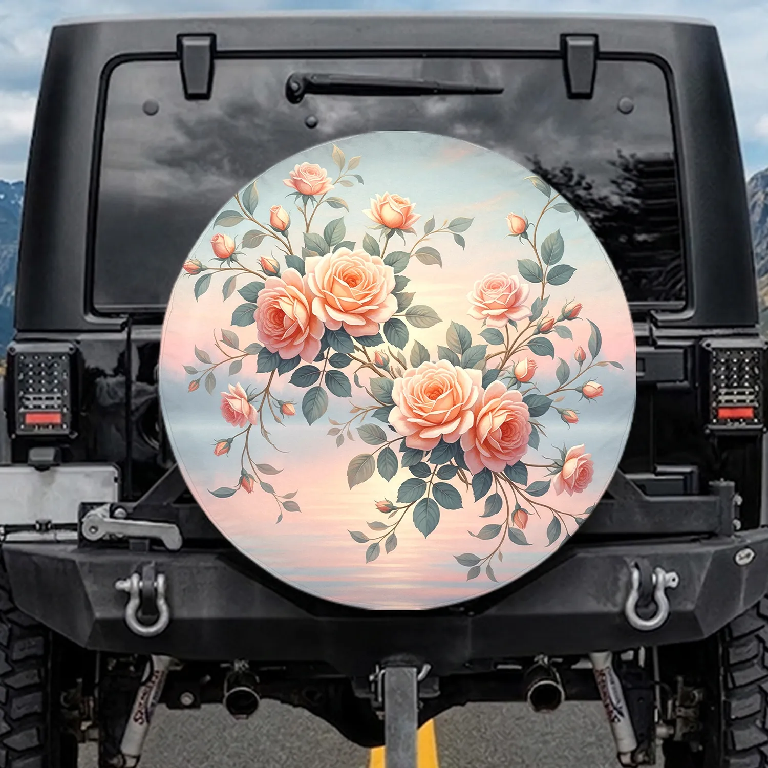 Blooming Peach Pink Rose Vine Foliage Misty Water Landscape - Garden Lover Gift Spare Tire Cover - 1