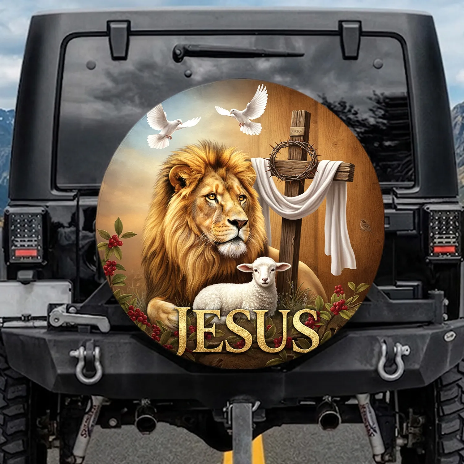 Golden Lion Lamb Cross JESUS Doves - Christian Faith Gift for Believers Spare Tire Cover - 1