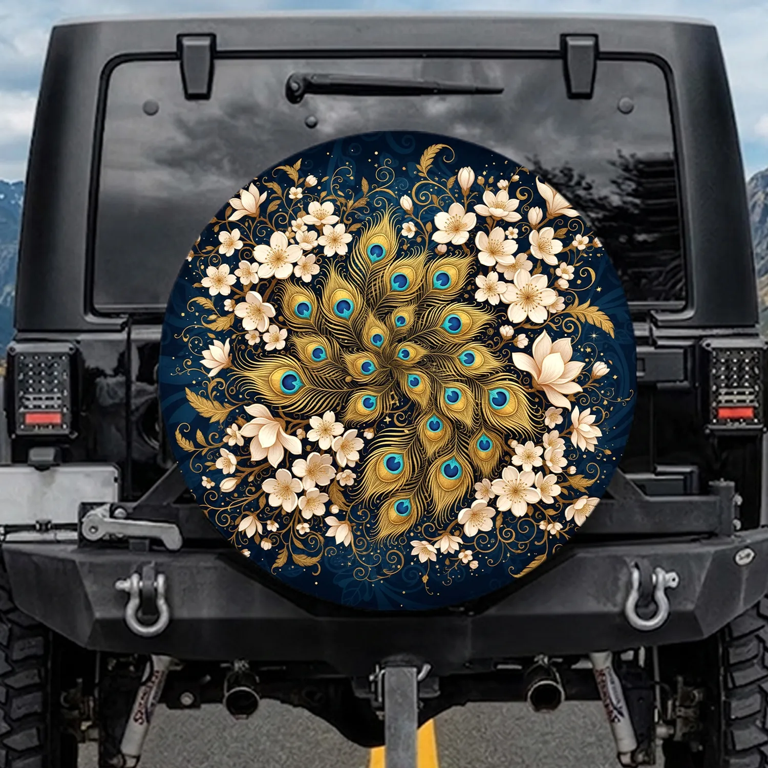 Peacock Feathers Magnolia Blossoms Golden Vines - Home Decor Gift Spare Tire Cover - 1