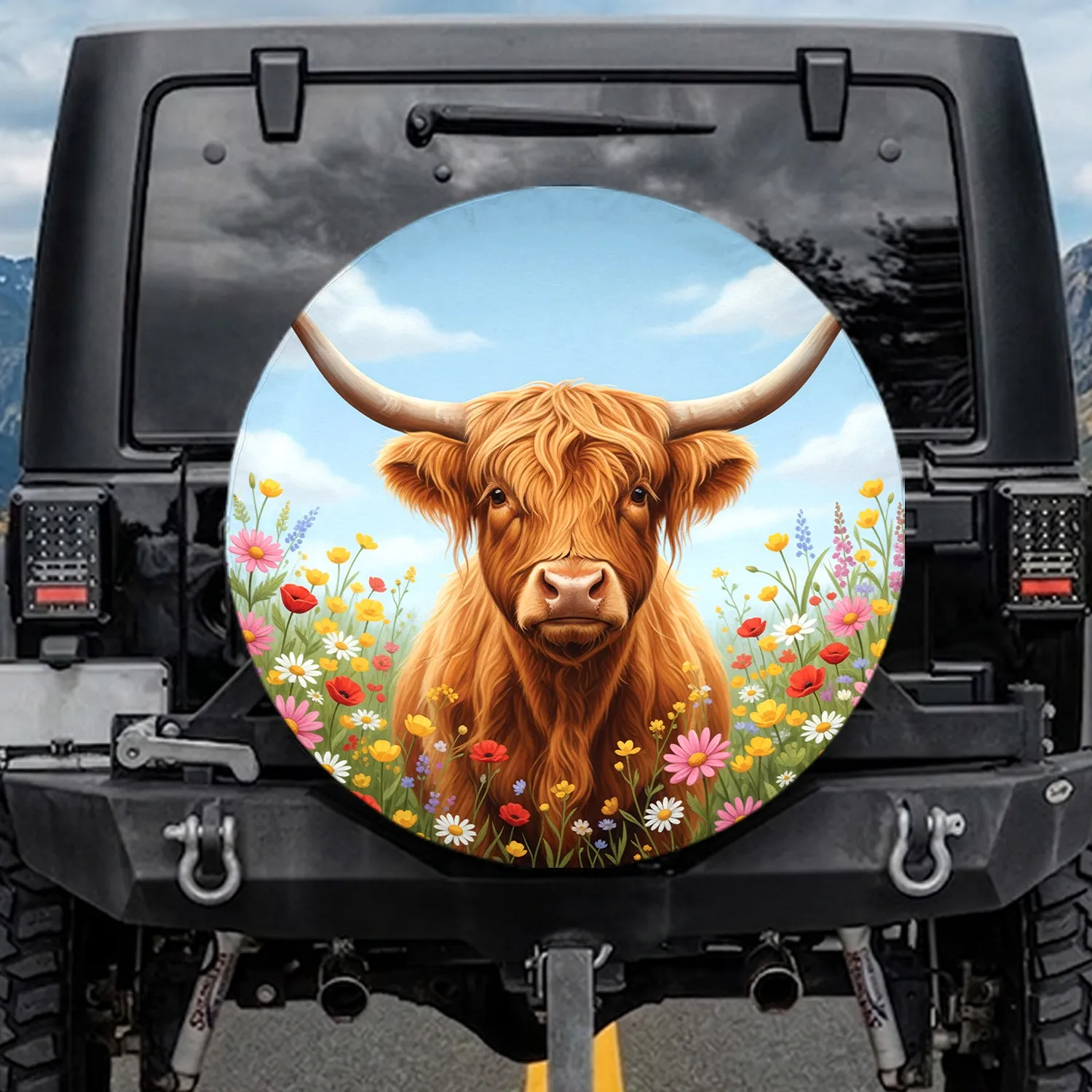 Highland Cow Wildflower Meadow - Farmhouse Home Decor Gift for Cow Lover Spare Tire Cover - 1
