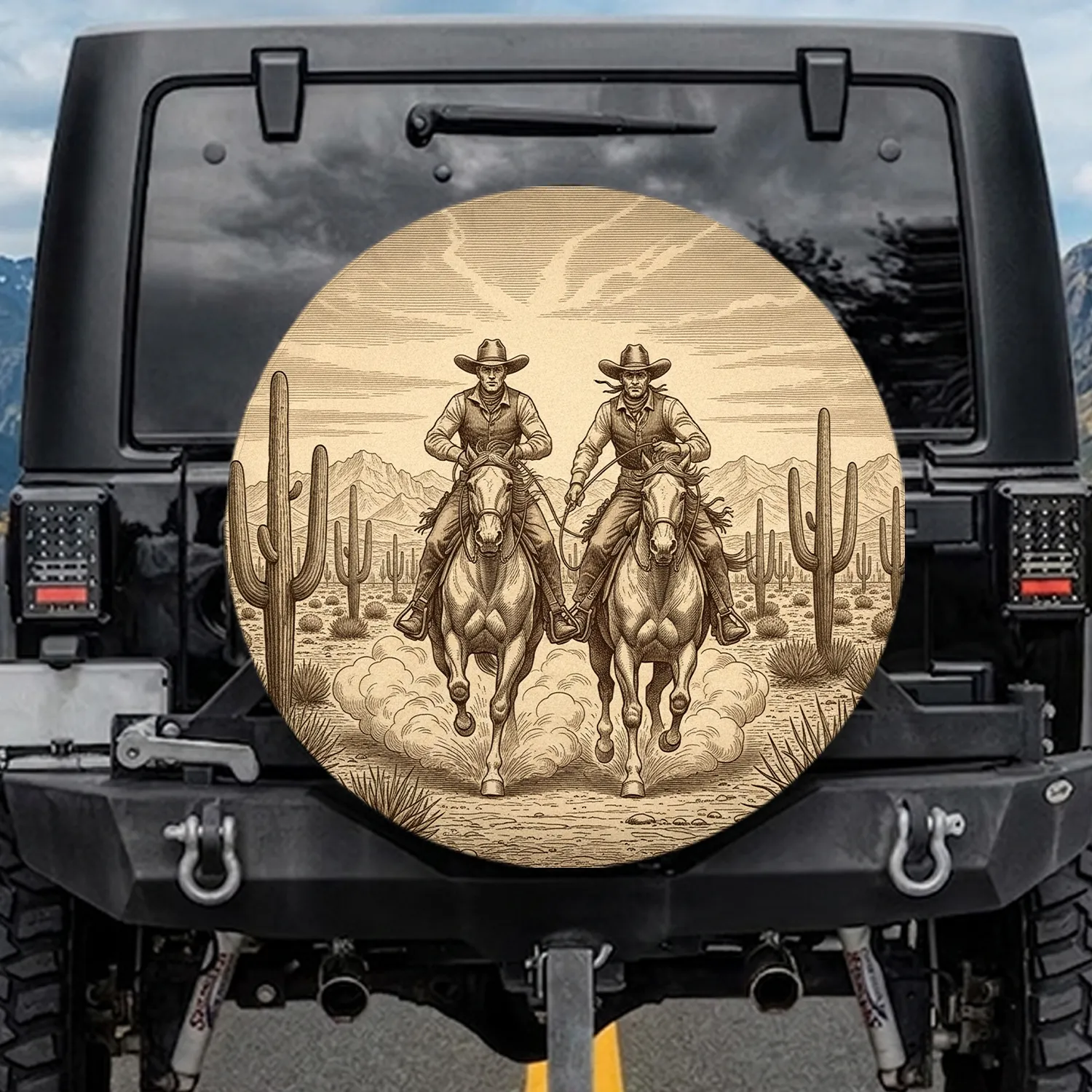Galloping Cowboys Saguaro Cacti American Southwest Desert Landscape - Western Lover Gift Spare Tire Cover - 1