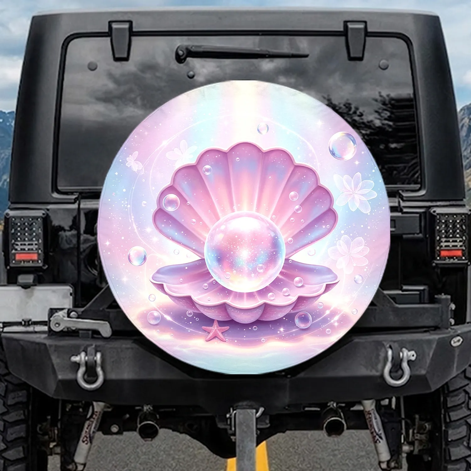 Iridescent Seashell Glowing Orb Underwater Scene - Home Decor Gift for Marine Life Lover Spare Tire Cover - 1