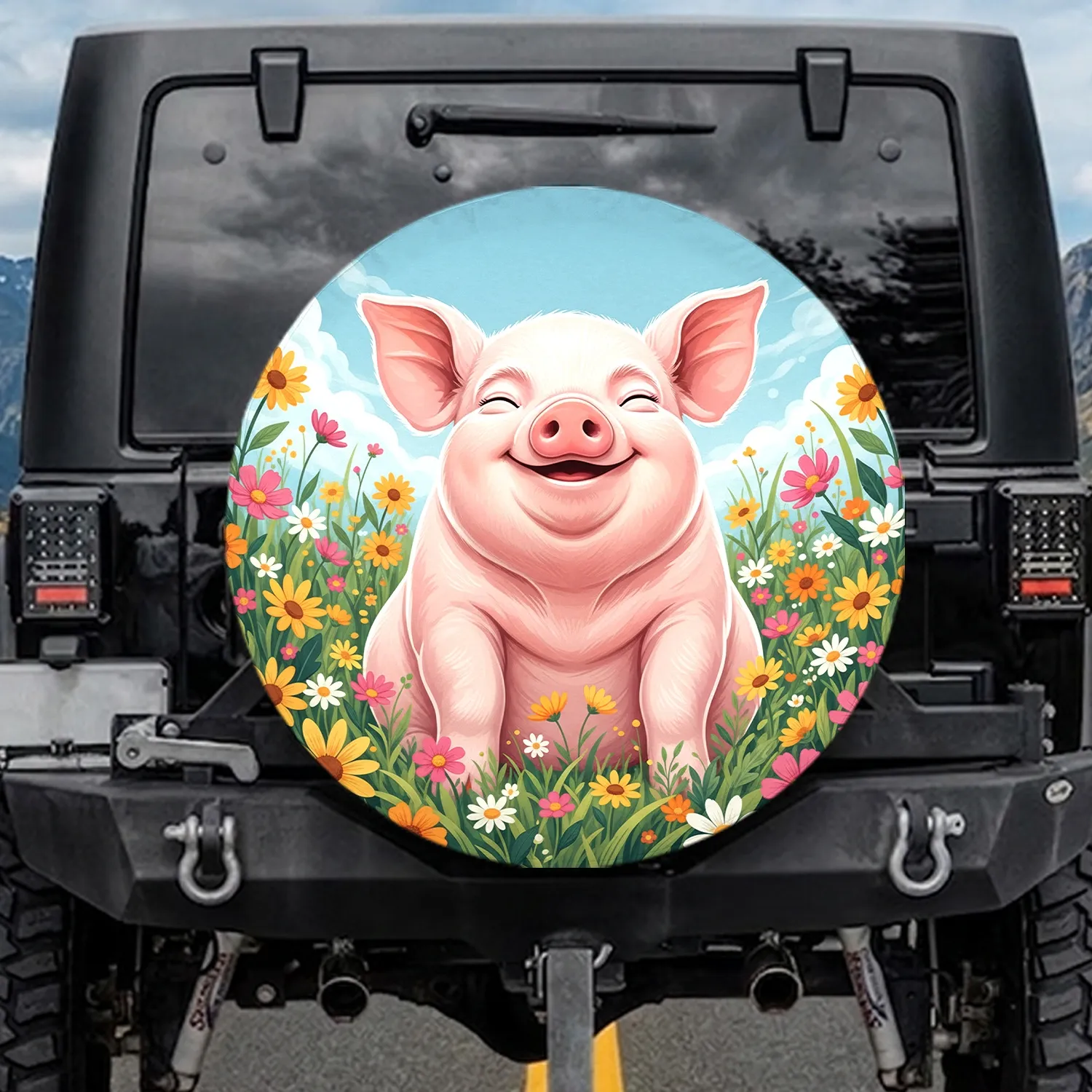 Pink Baby Pig Wildflower Sky - Farmhouse Home Decor Gift for Pig Lover Spare Tire Cover - 1