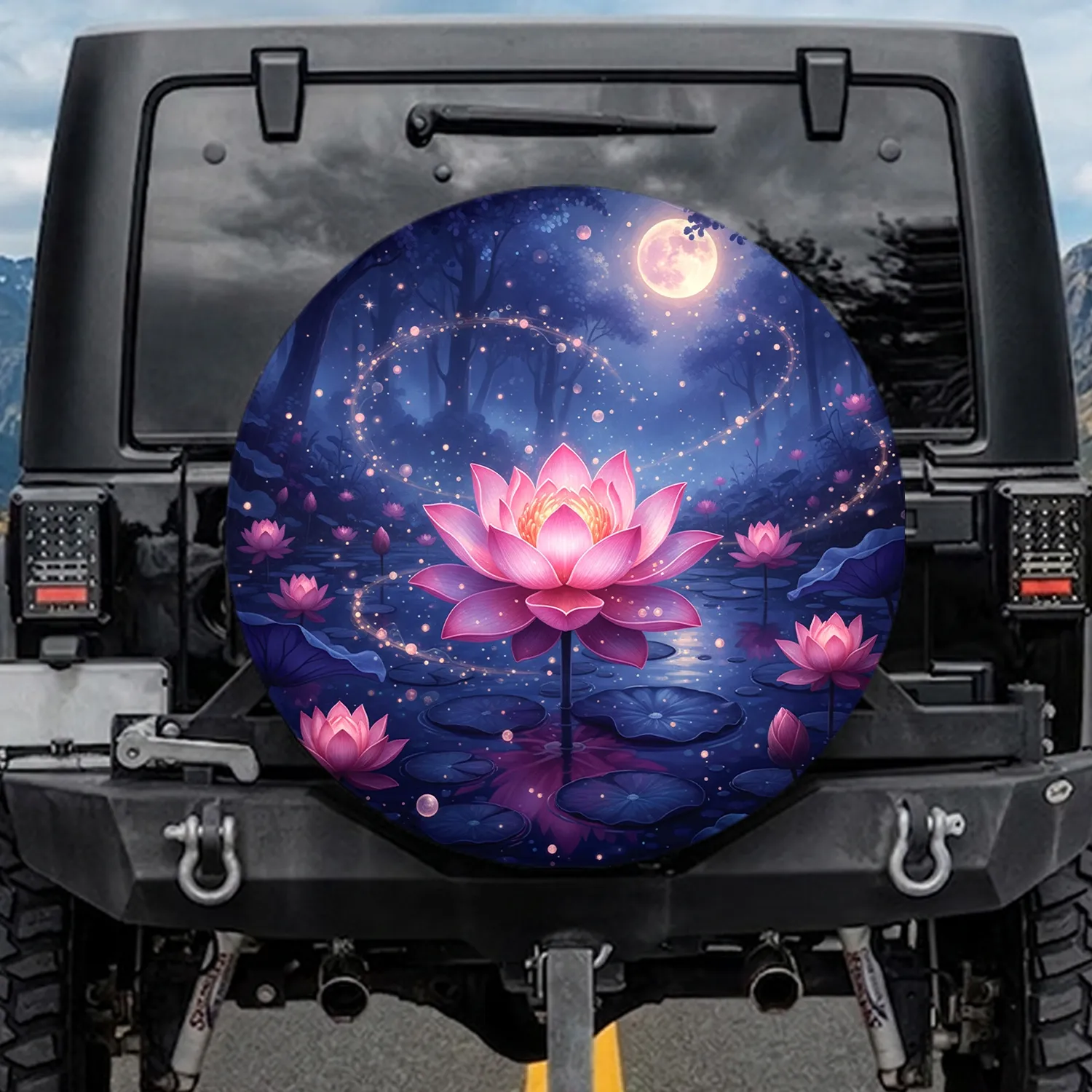 Pink Lotus Flower Moon Forest - Home Decor Gift for Yoga Lover Spare Tire Cover - 1