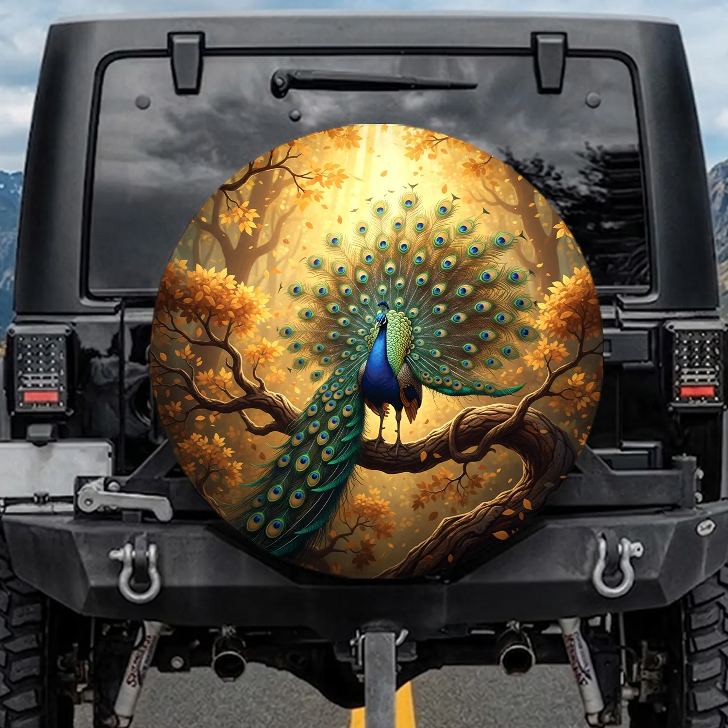 Majestic Peacock Fanned Tail Tree Branch Golden Leaves Sunlit Forest Wildlife Lover Gift Spare Tire Cover - 1