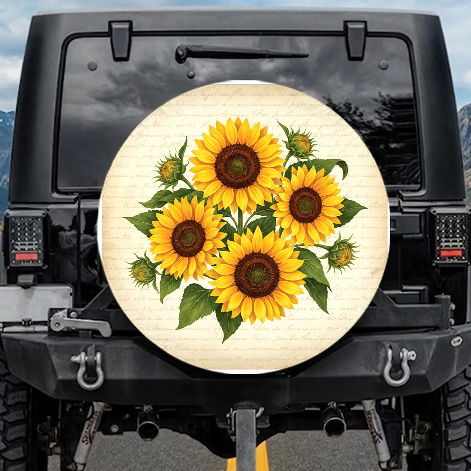 REALISTIC SUNFLOWERS GREEN LEAVES VINTAGE SCRIPT PARCHMENT - GARDEN LOVER GIFT Spare Tire Cover - 1
