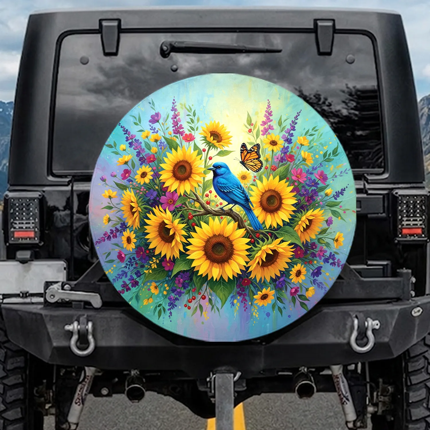 Sunflowers Blue Bird Monarch Butterfly Wildflowers - Garden Lover Home Decor Gift Spare Tire Cover - 1