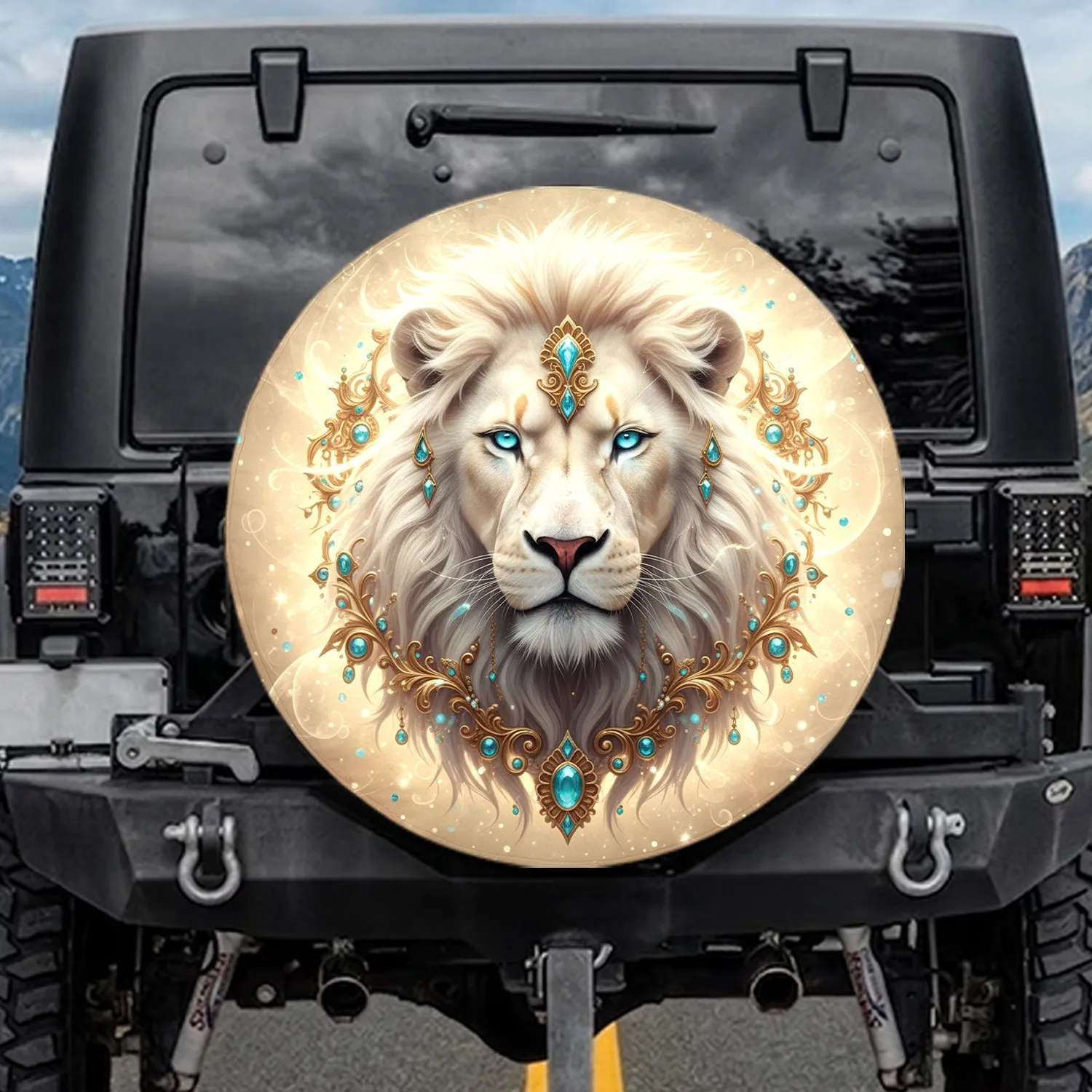 Powerful White Lion Head Golden Filigree Teal Gemstones - Wildlife Lover Gift Spare Tire Cover - 1
