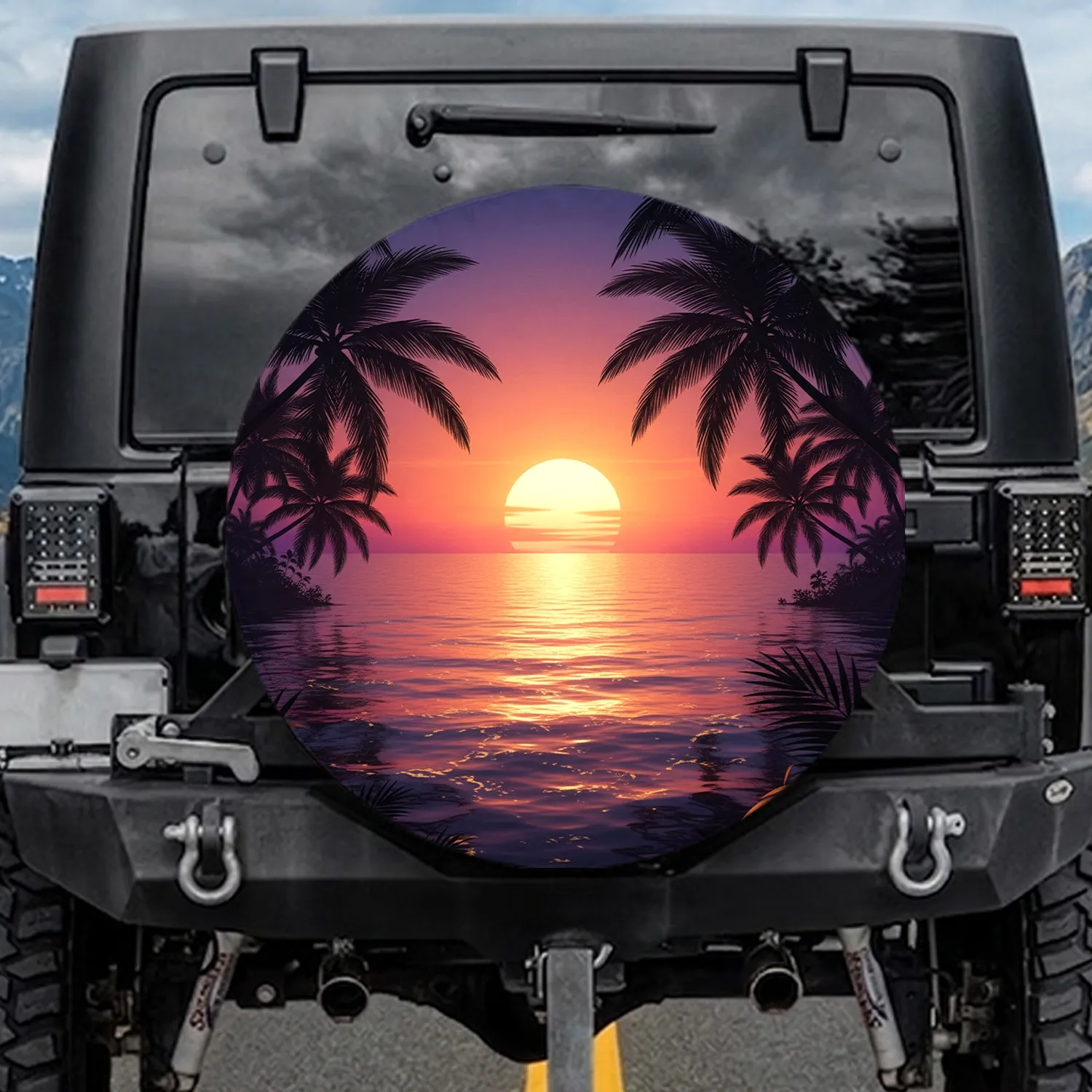 Setting Sun Tropical Ocean Palm Trees - Tropical Escape Gift Spare Tire Cover - 1