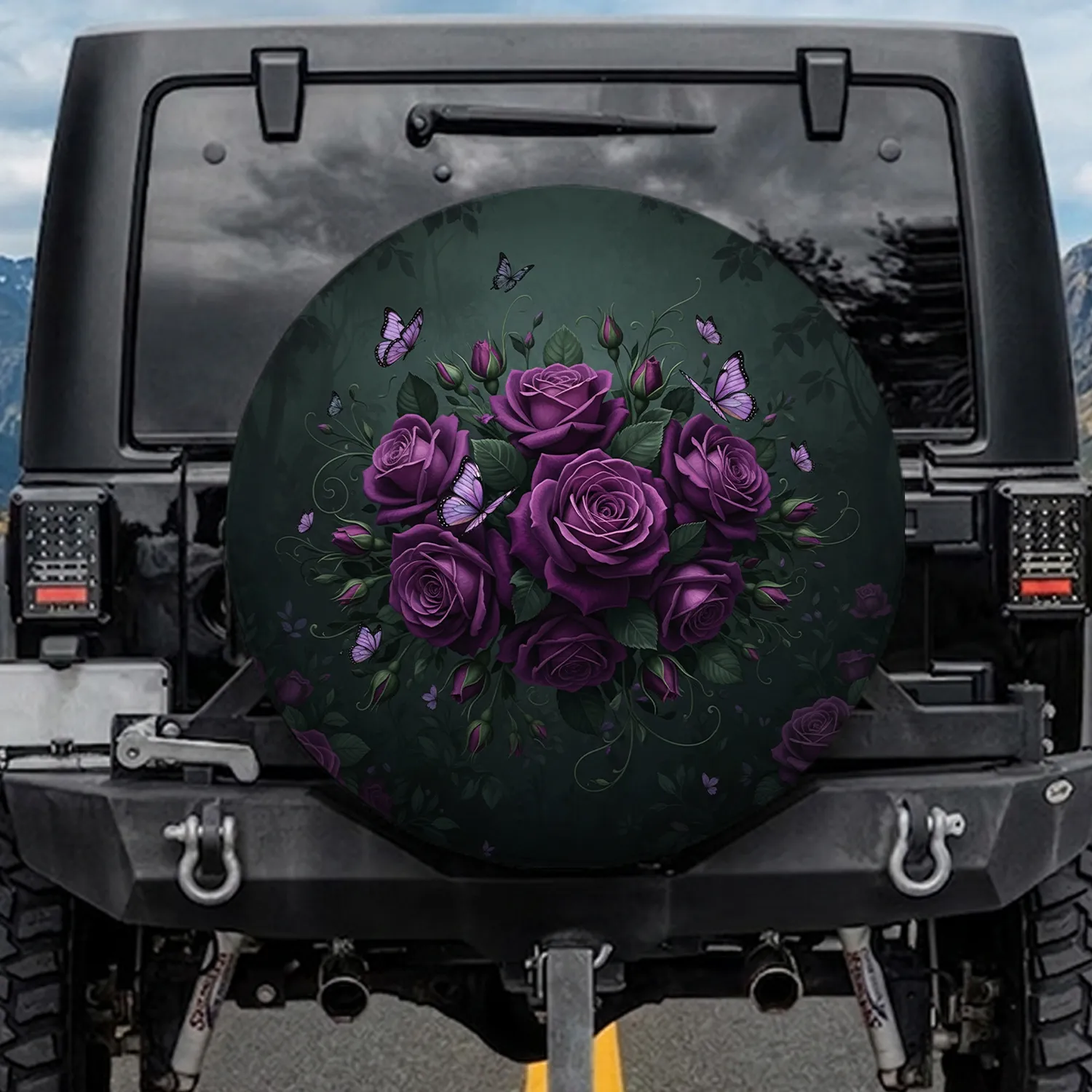 Purple Rose Bouquet Butterflies Dark Garden - Home Decor Gift for Rose Lover Spare Tire Cover - 1