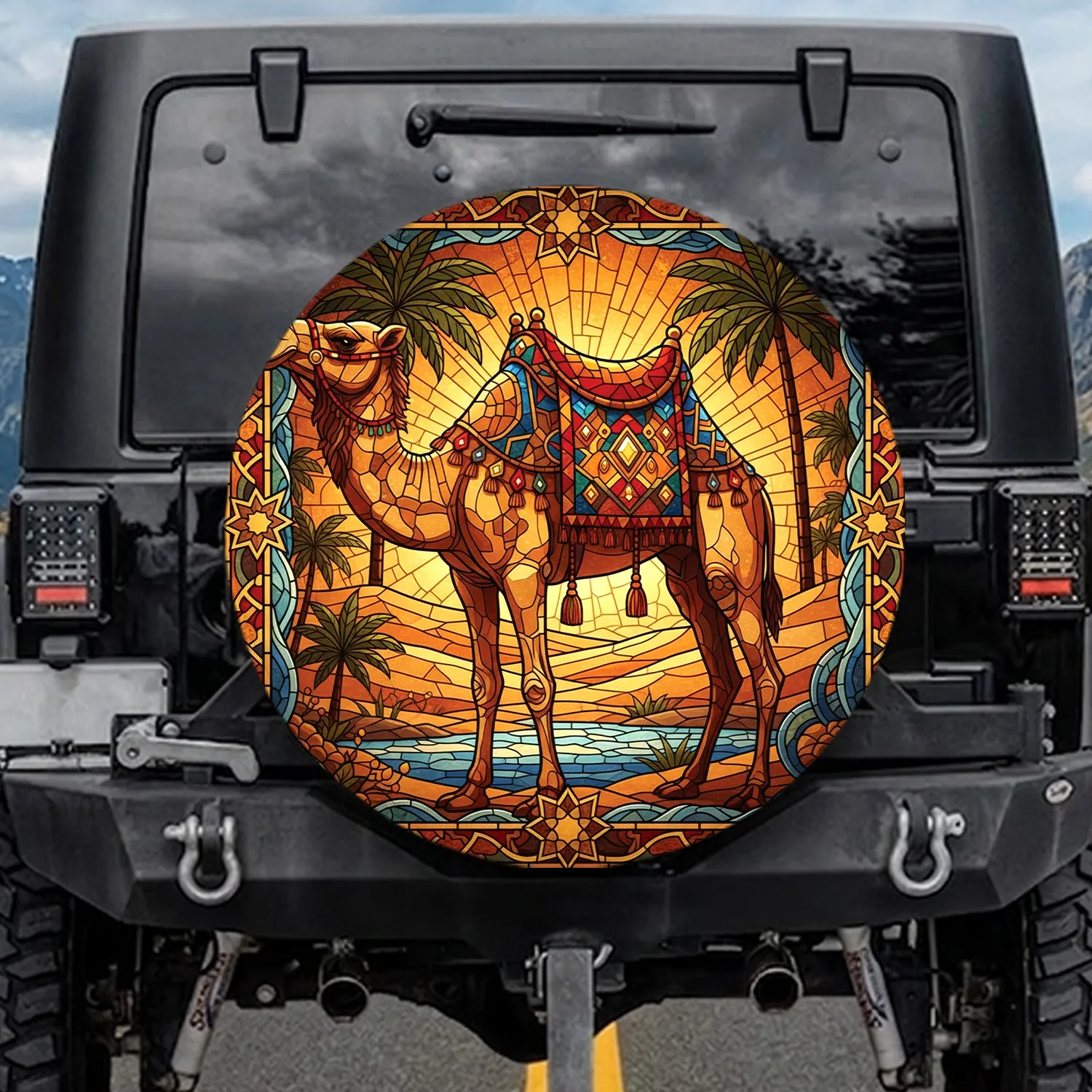 Sun-Drenched Camel Jeweled Saddle Desert Oasis Middle Eastern - Home Decor Gift Spare Tire Cover - 1