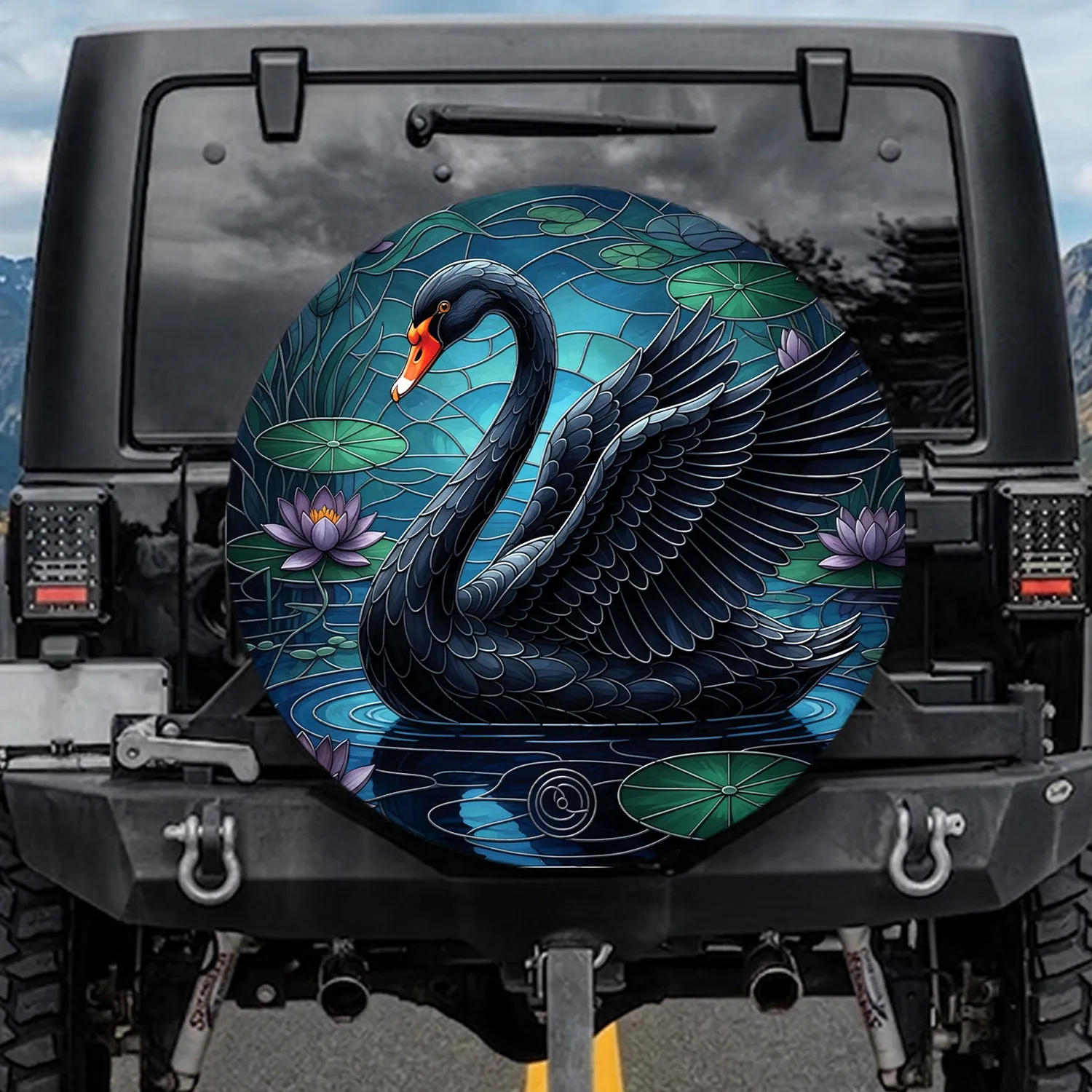 Black Swan Stained Glass Water Lily - Wildlife Lover Home Decor Gift Spare Tire Cover - 1
