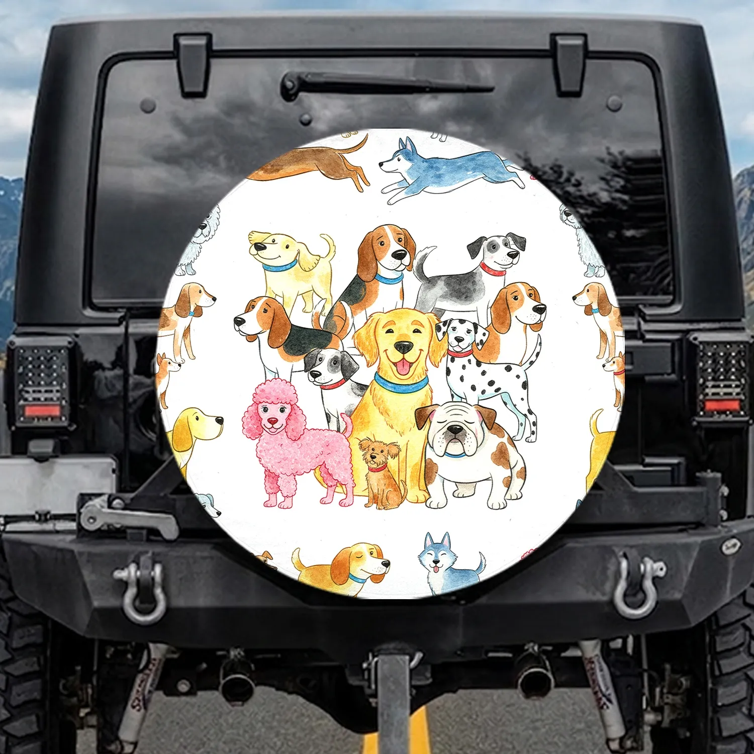Diverse Crayon Bold Outline Dogs - Dog Lover Travel and Outdoor Accessory Gift Spare Tire Cover - 1