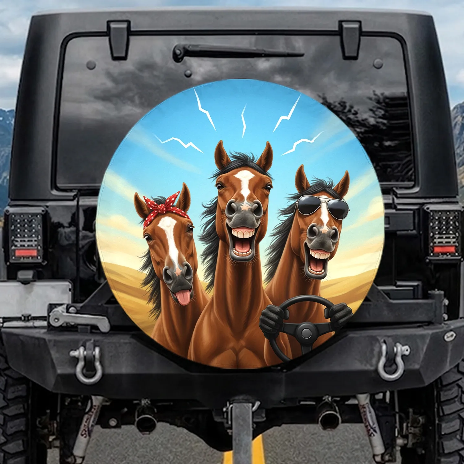 Laughing Horses Aviator Sunglasses Steering Wheel - Travel Essentials for Car Lovers Spare Tire Cover - 1