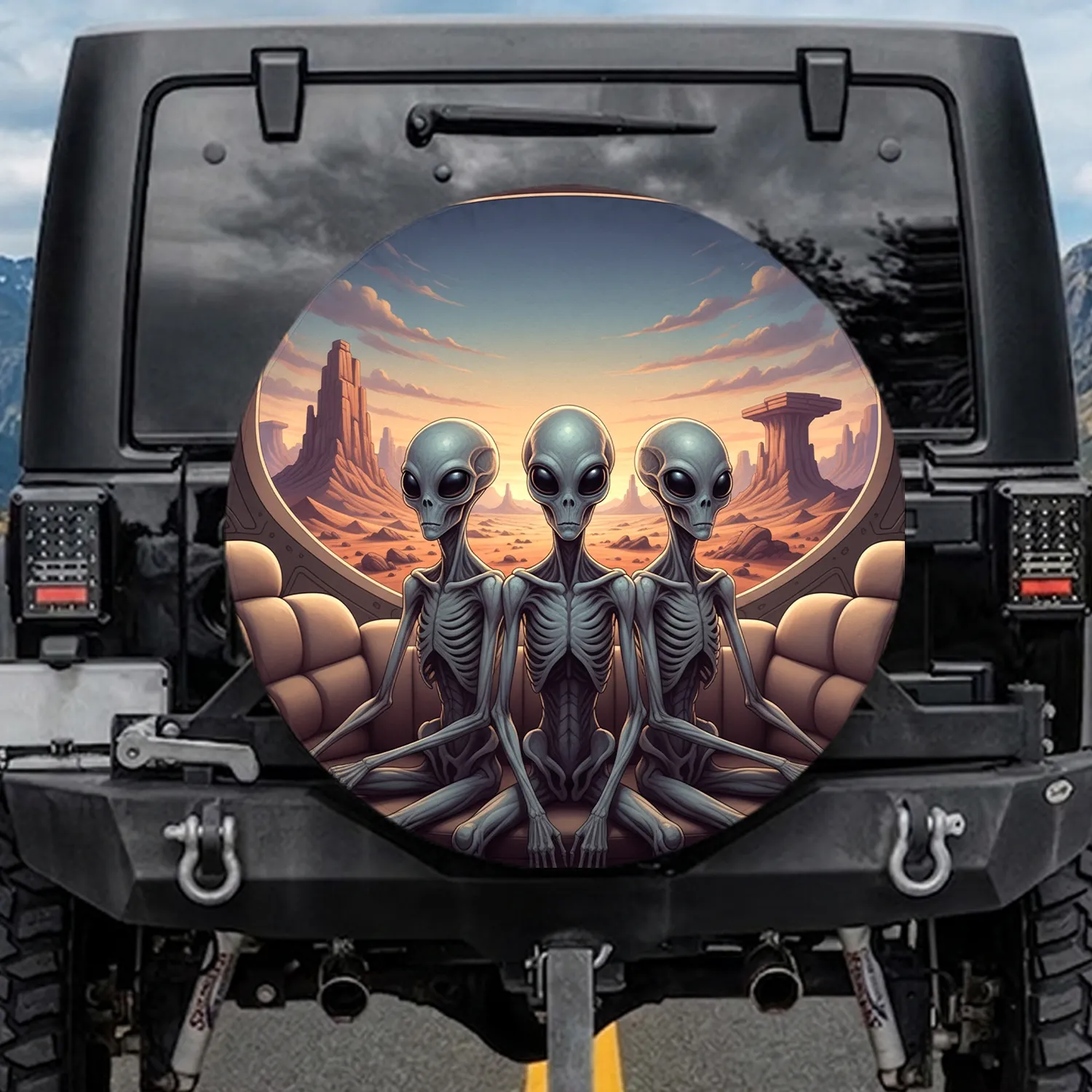Gaunt Alien Figures Observation Deck Desert Landscape - Otherworldly Travel Gift Spare Tire Cover - 1