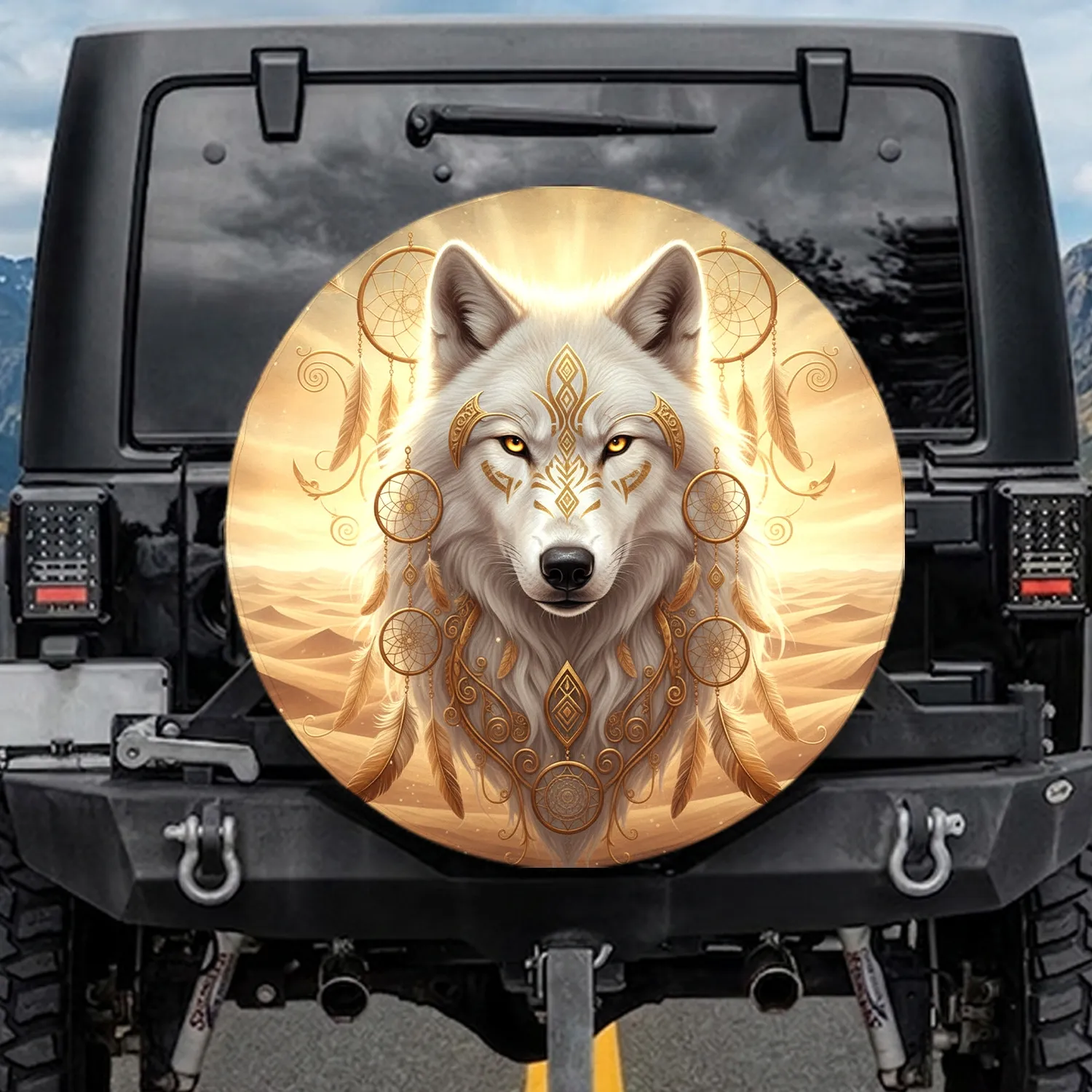 White Wolf Tribal Golden Dreamcatchers Feathers Desert Sunset - Wildlife Lover Gift Spare Tire Cover - 1