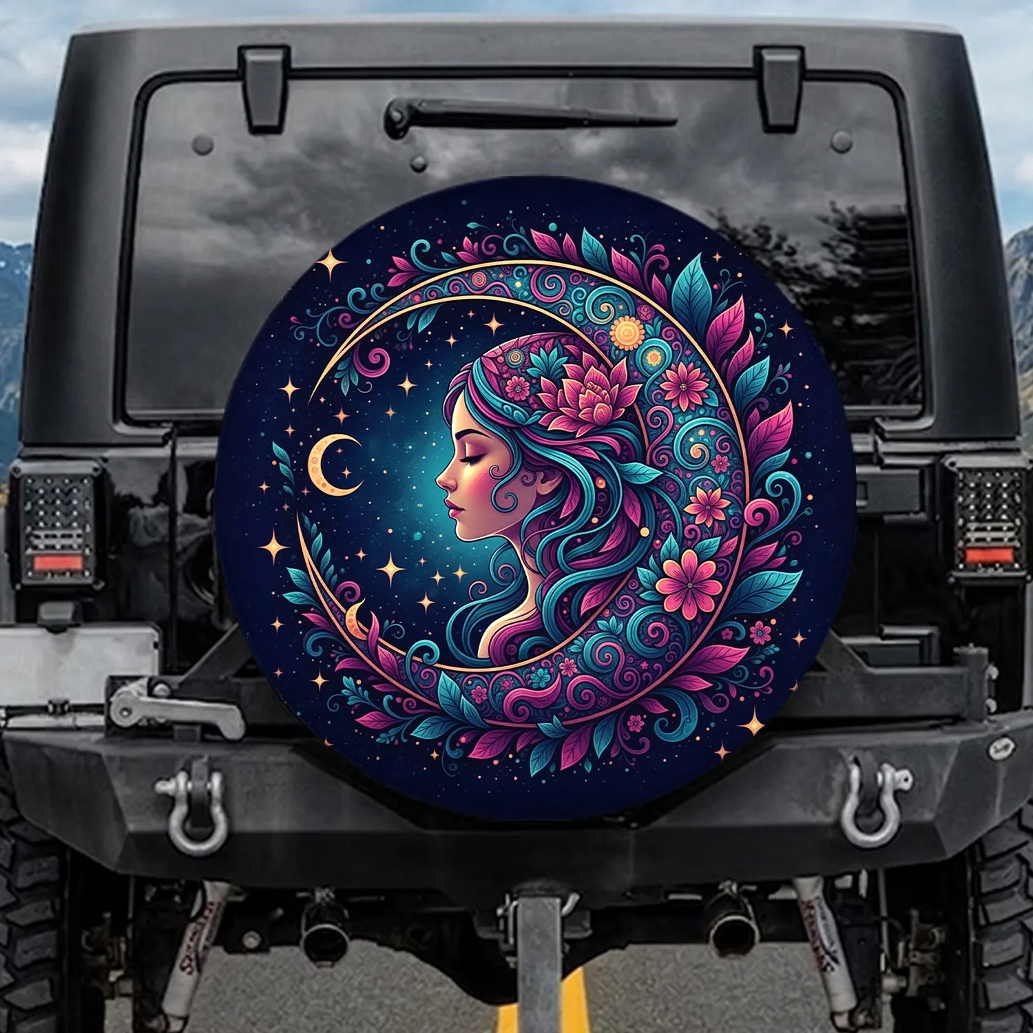 Woman Profile Crescent Moon Star Floral Botanical - Home Decor Gift for Lunar Lover Spare Tire Cover - 1