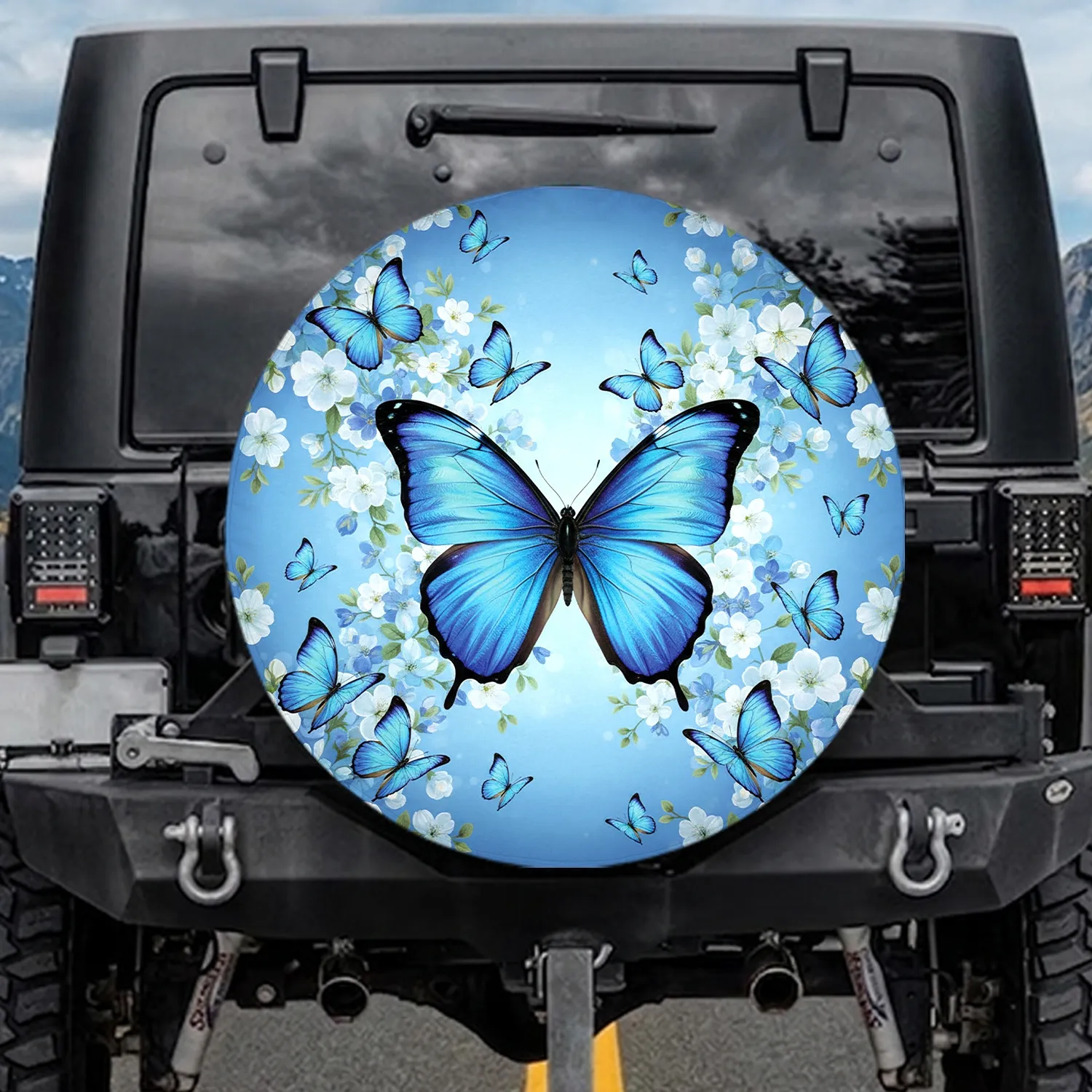 Iridescent Blue Morpho Butterflies Floral Blossoms - Nature Lover Gift Spare Tire Cover - 1