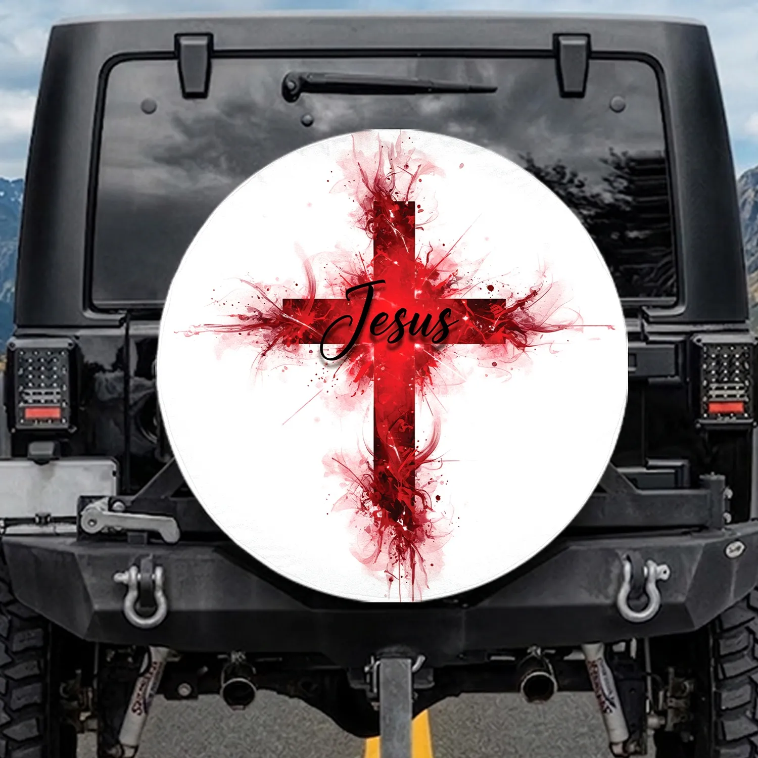 Red Cross Jesus Calligraphy - Christian Faith Display for Believers Spare Tire Cover - 1