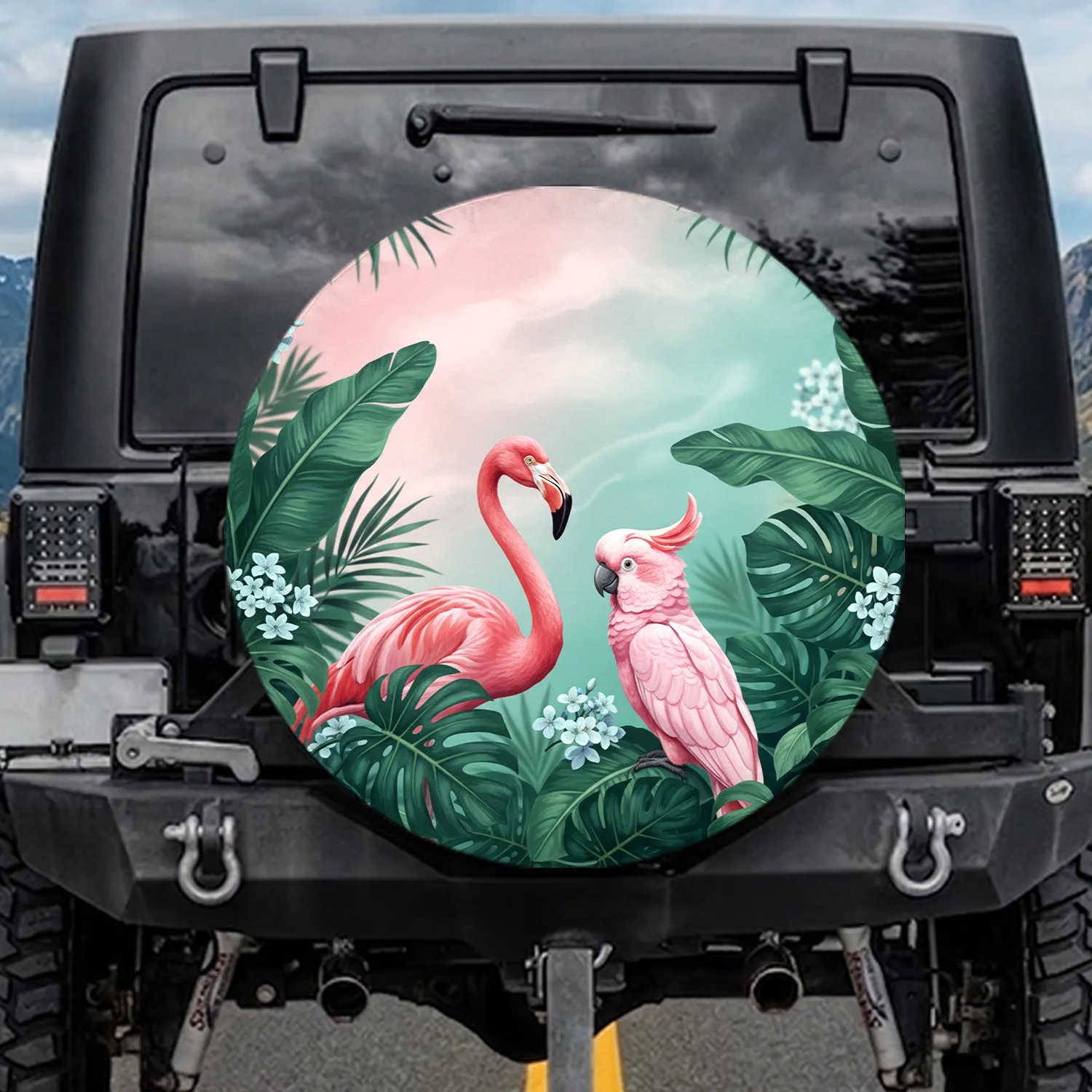 Pink Flamingo Cockatoo Monstera Banana Leaves - Tropical Bird Lover Gift Spare Tire Cover - 1