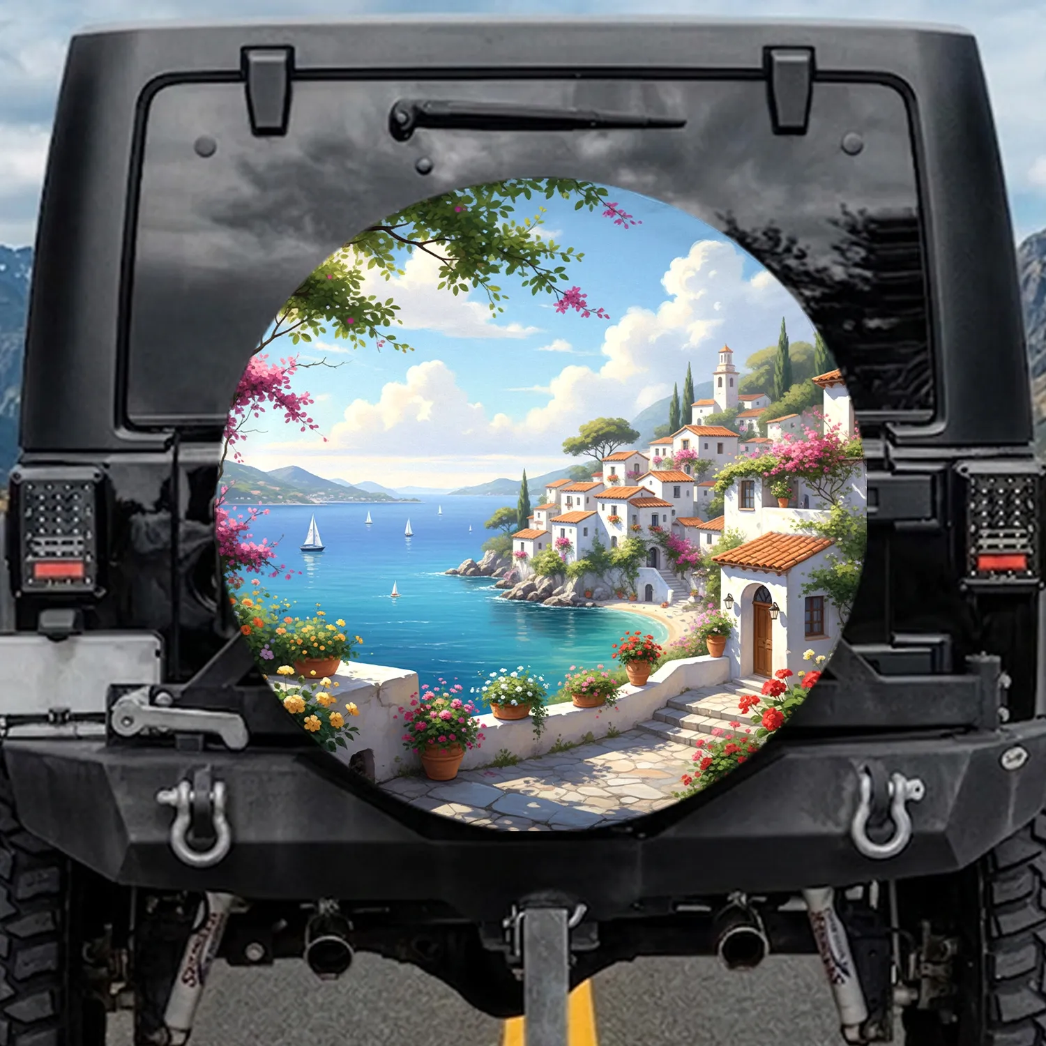 Mediterranean Coastal Village Whitewashed Homes Sea - Travel Essentials Gift Spare Tire Cover - 1