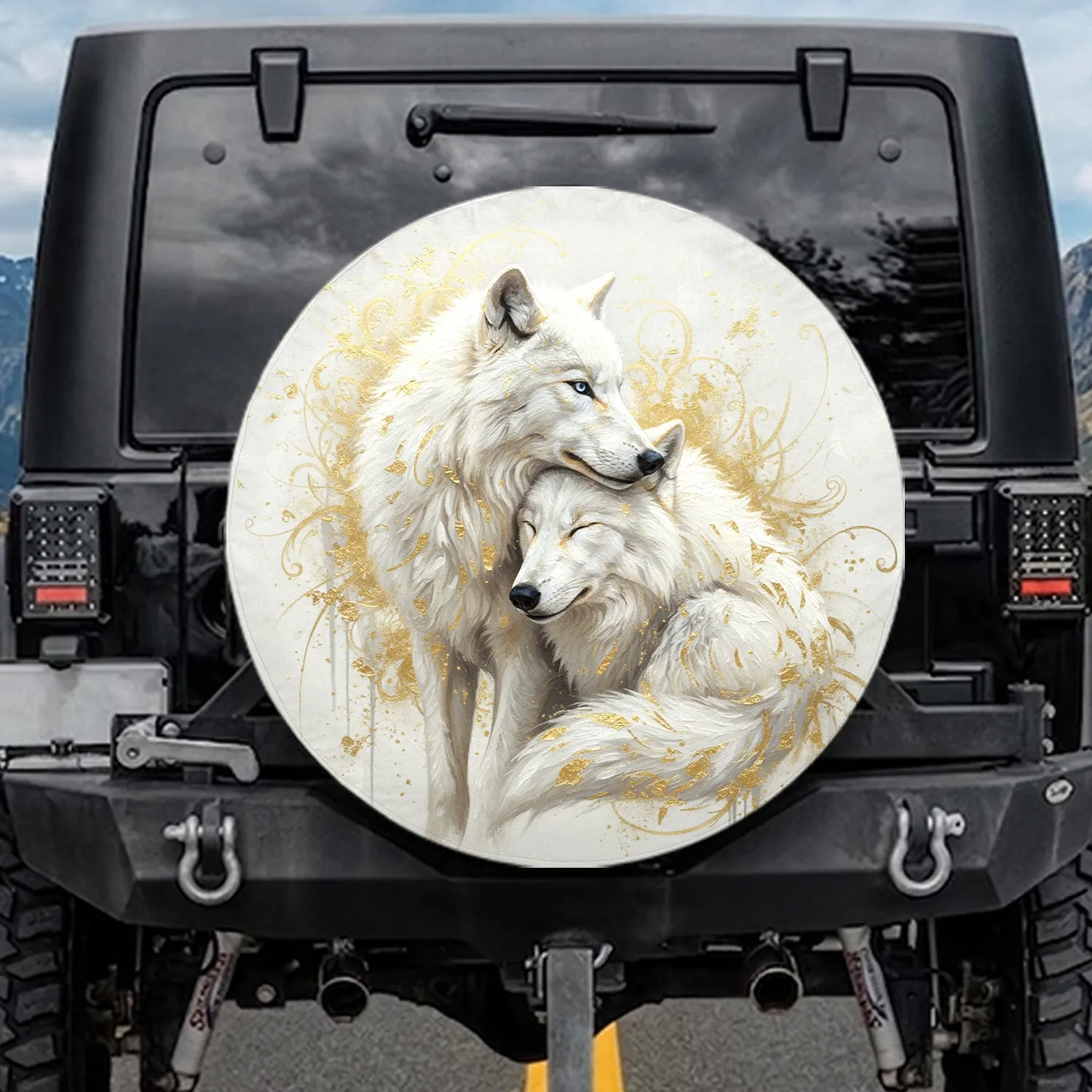 Majestic White Wolves Golden Fur Embrace Golden Swirls - Nature Lover Gift for Outdoorsman Spare Tire Cover - 1