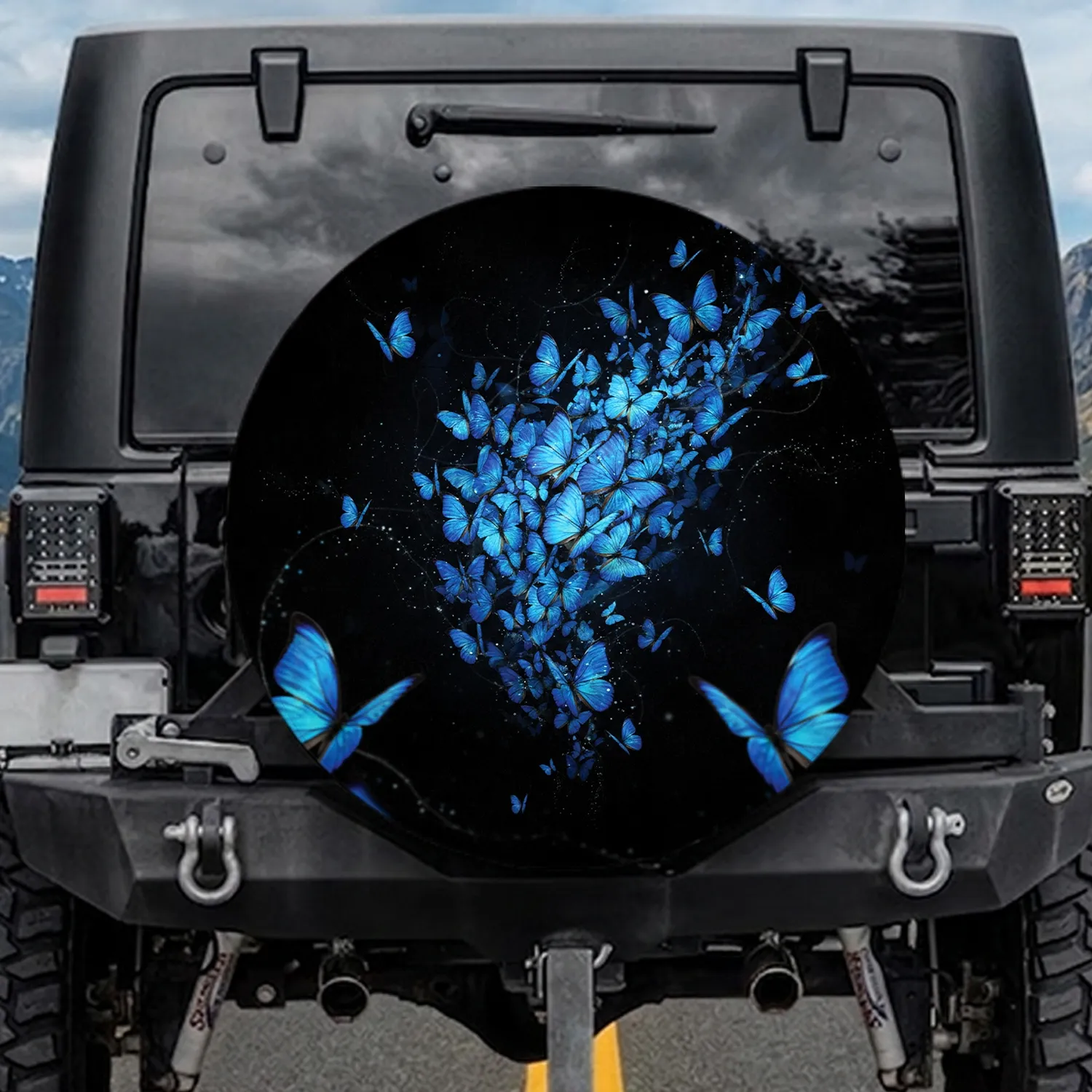 Iridescent Azure Sapphire Butterflies Swarm on Deep Black - Wildlife Lover Gift Spare Tire Cover - 1
