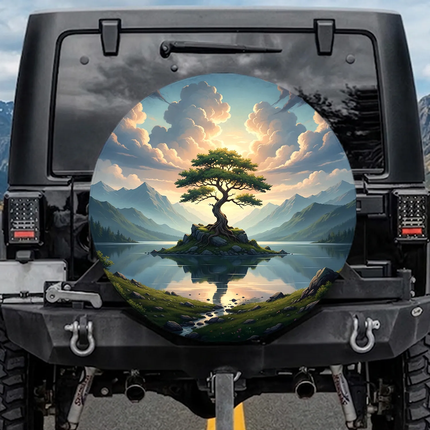 Solitary Tree Mountain Lake Valley - Nature Lover Home Decor Gift Spare Tire Cover - 1