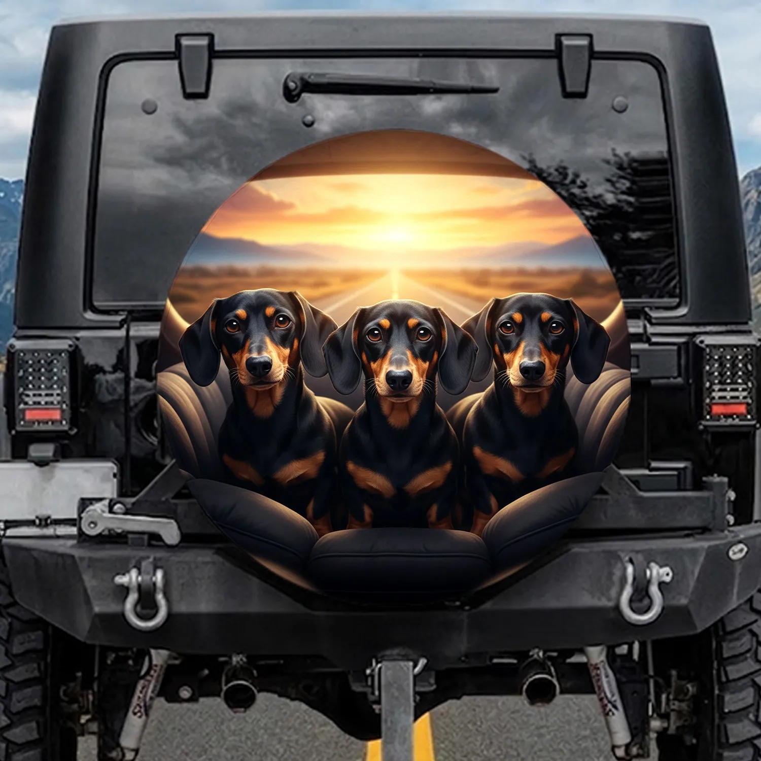 Black Tan Dachshunds Road Trip Landscape - Travel Essentials for Dachshund Lover Spare Tire Cover - 1