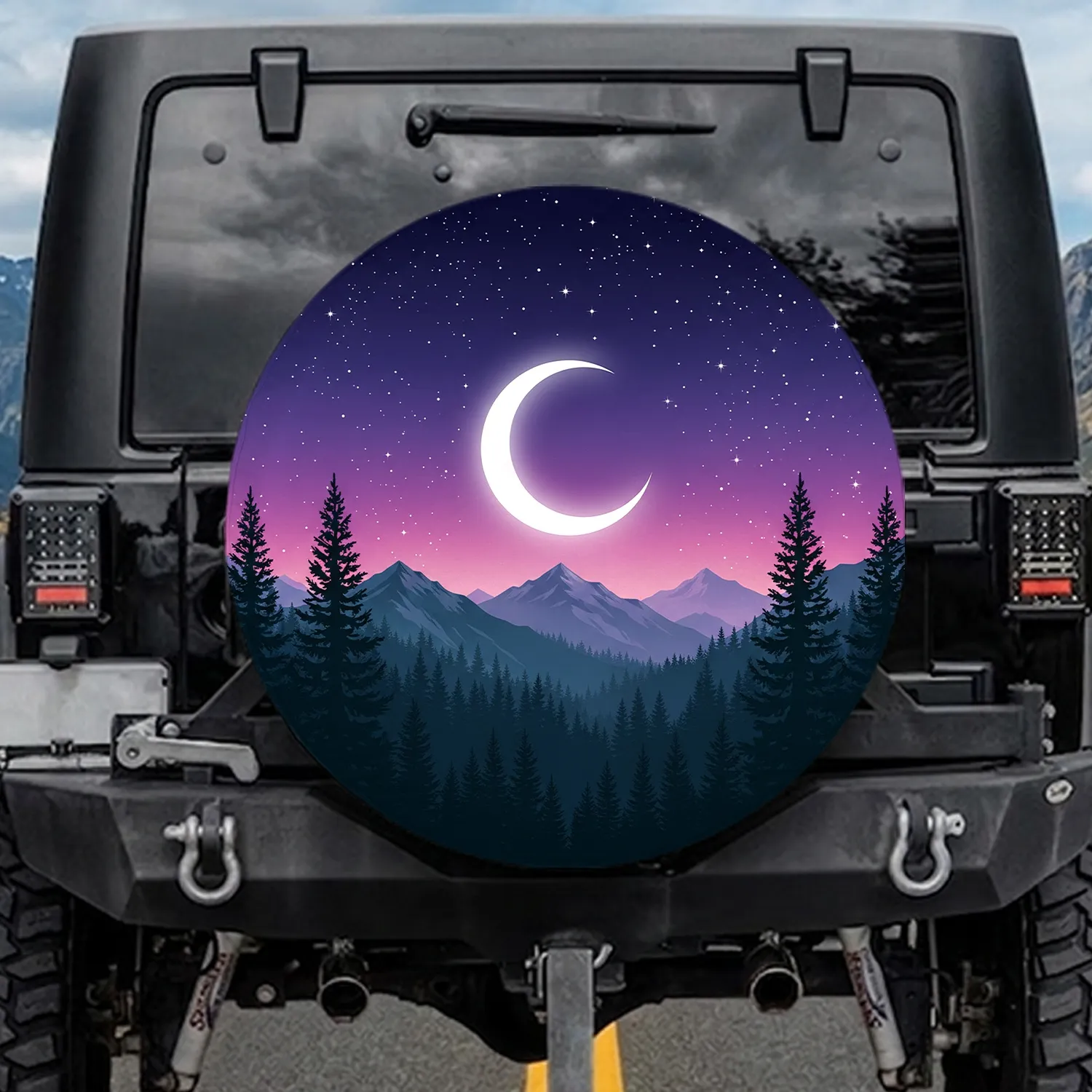 Majestic Crescent Moon Pine Trees Mountain Night Sky - Outdoor Lifestyle Gift Spare Tire Cover - 1