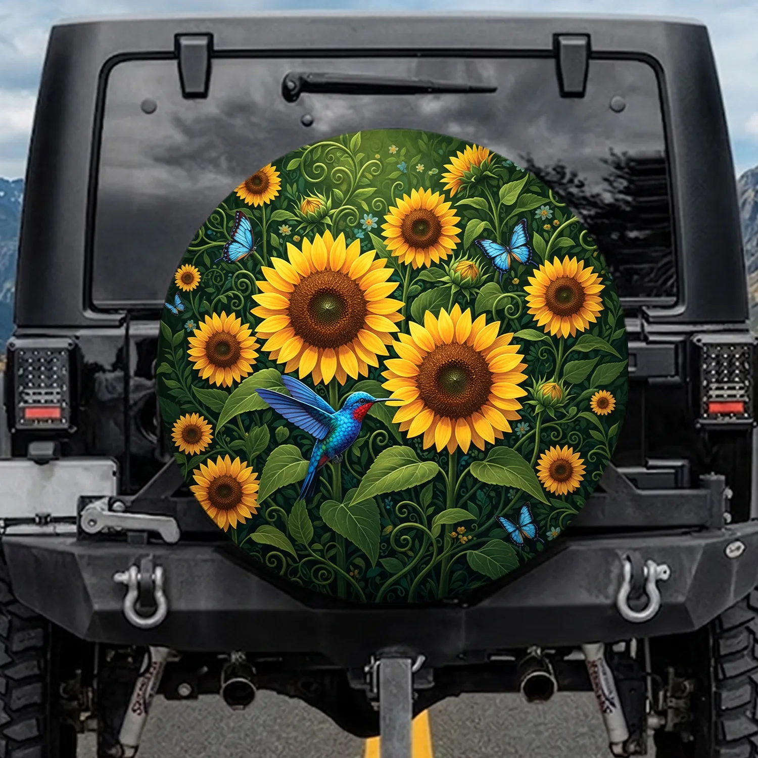Golden Sunflowers Blue Hummingbird Butterflies - Garden Lover Home Decor Gift Spare Tire Cover - 1