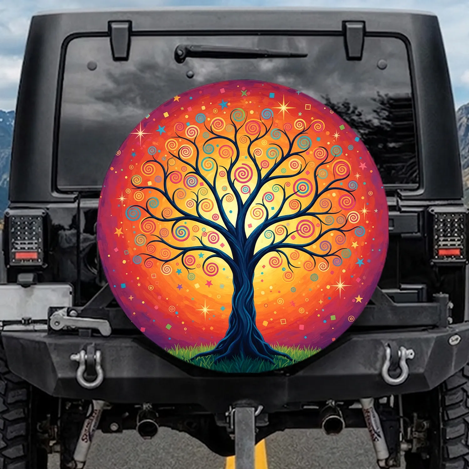 Tree of Life Spiraling Circles, Glowing Stars & Geometric Squares - Home Decor Gift Spare Tire Cover - 1