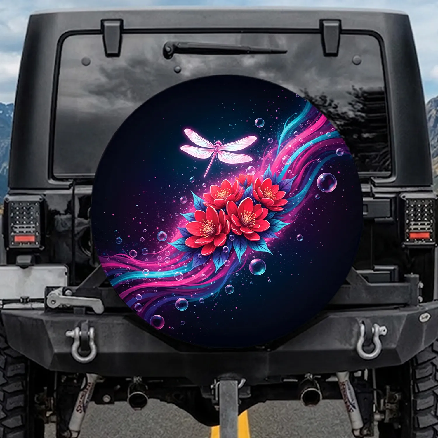 Luminous Dragonfly Glowing Red Flowers Iridescent Foliage - Nature Lover Gift Spare Tire Cover - 1