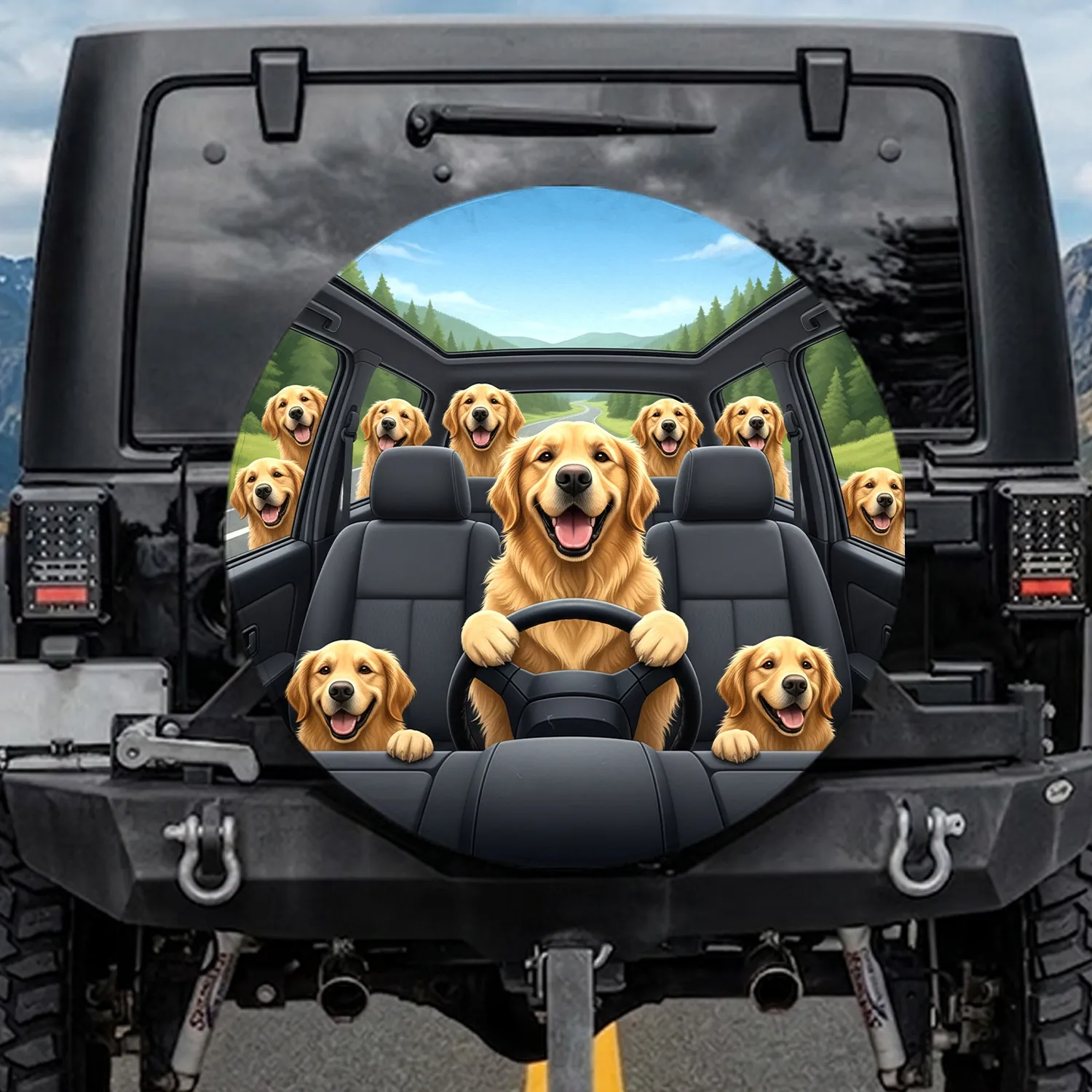 Joyful Golden Retrievers Car Adventure Road Trip Travel Essentials Dog Owner Gift Spare Tire Cover - 1