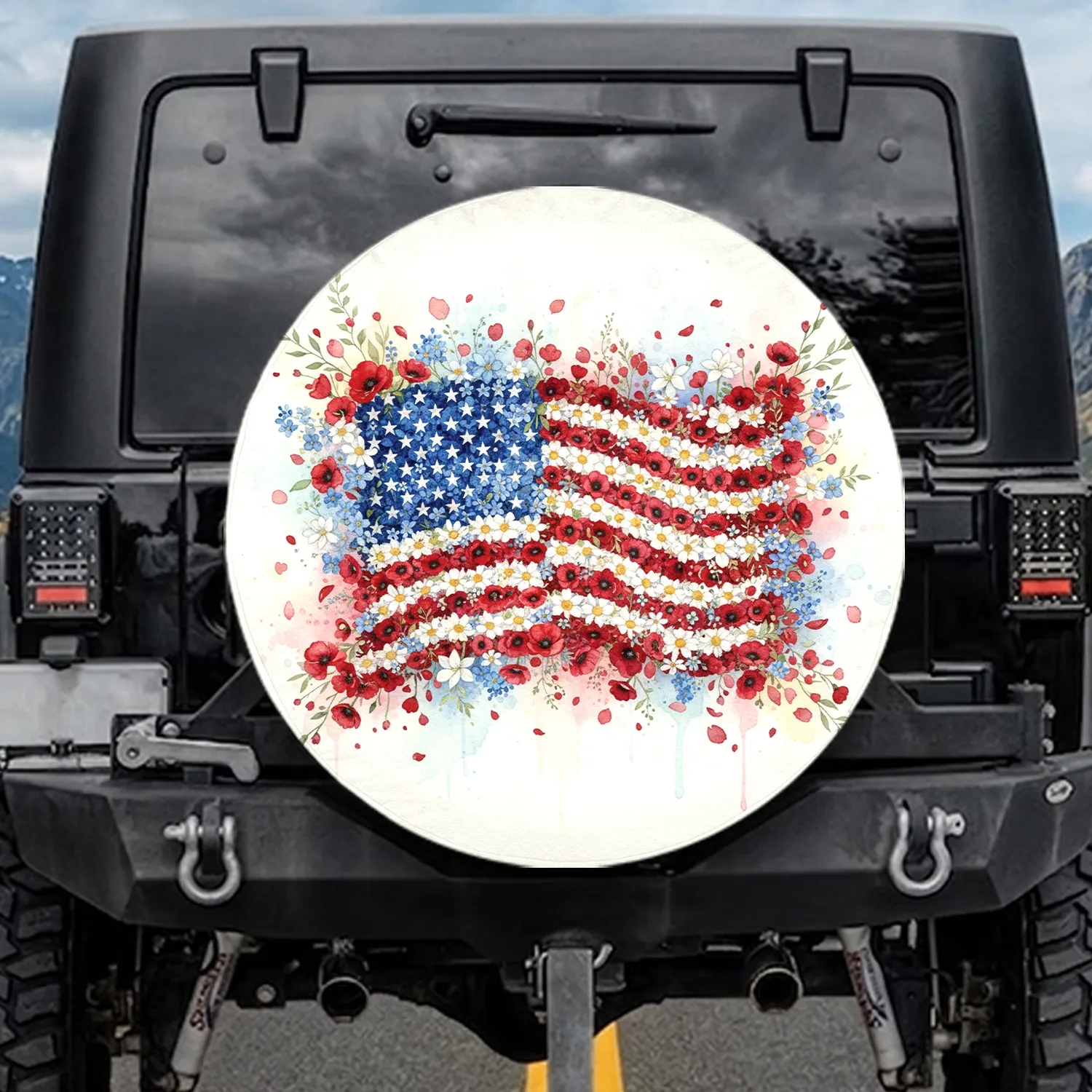 Watercolor Flower American Flag Forget-Me-Not - Independence Day Gift for Veterans Spare Tire Cover - 1