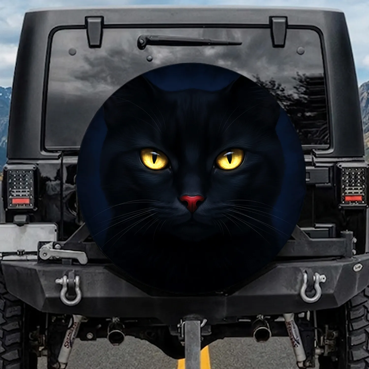 Black Cat Sleek Fur Whiskers - Cat Lover Home Decor Gift Spare Tire Cover - 1