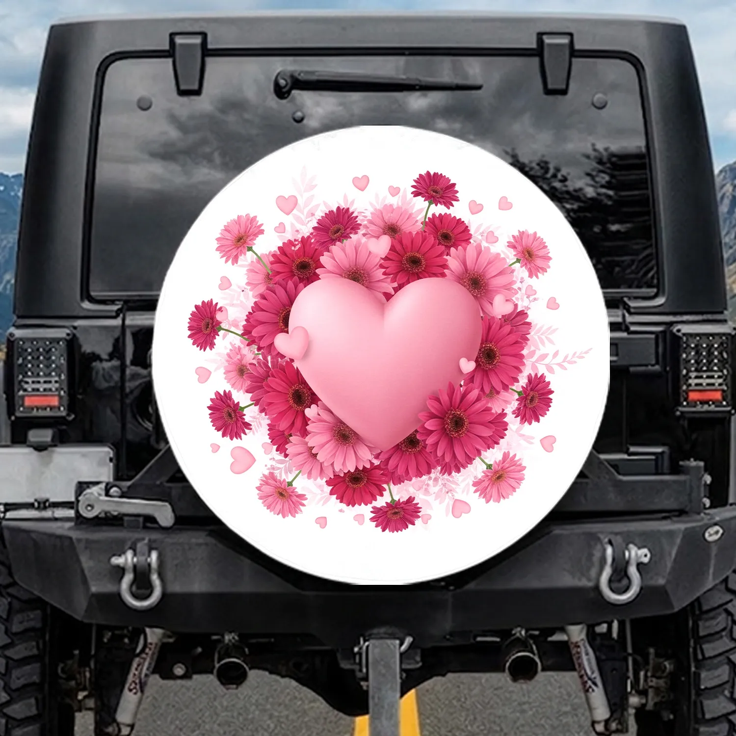 Matte Pink Heart Gerbera Daisies Floral - Home Decor Gift for Flower Lover Spare Tire Cover - 1