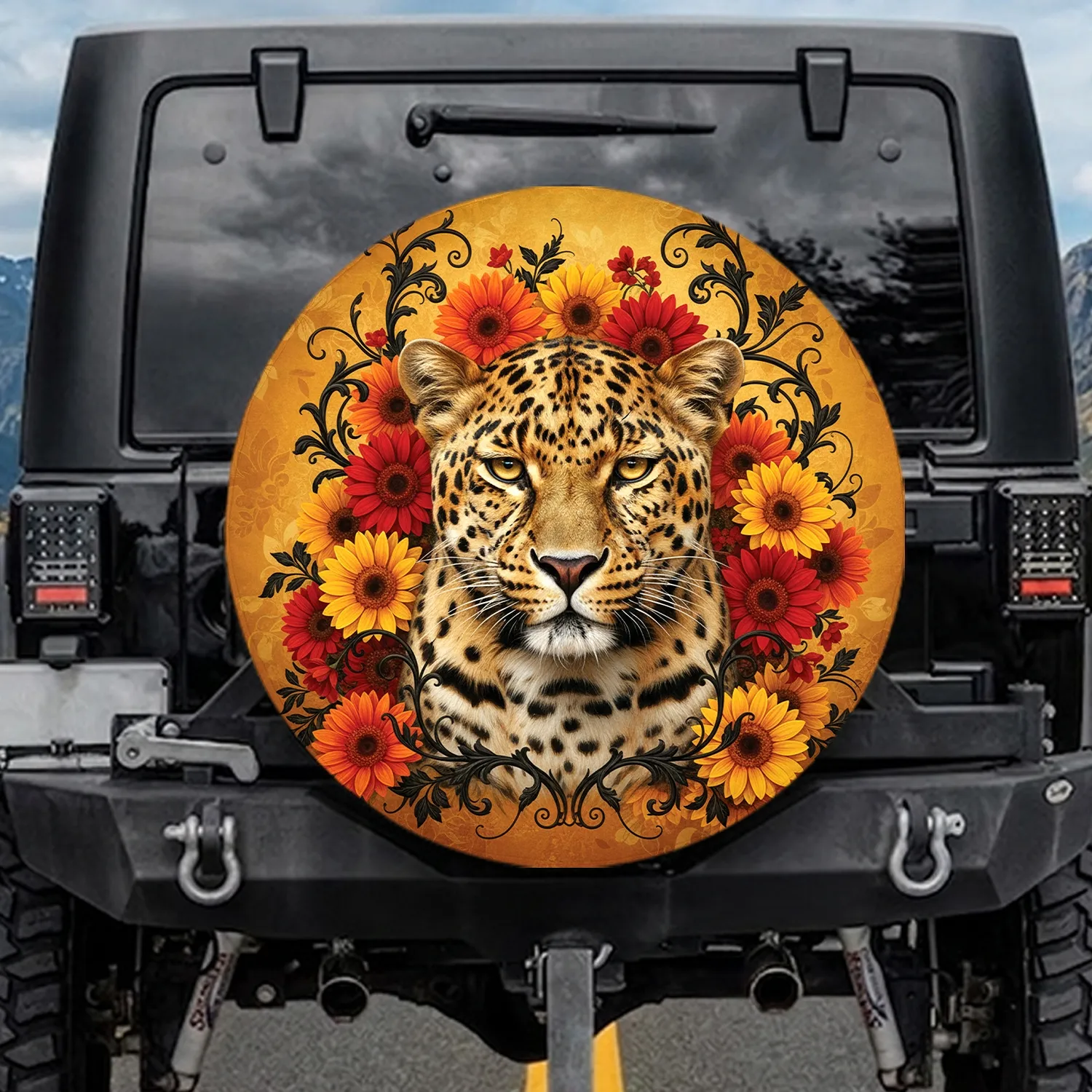 Leopard Gerbera Sunflower Floral Lace - Wildlife Lover Home Decor Gift for Her Spare Tire Cover - 1