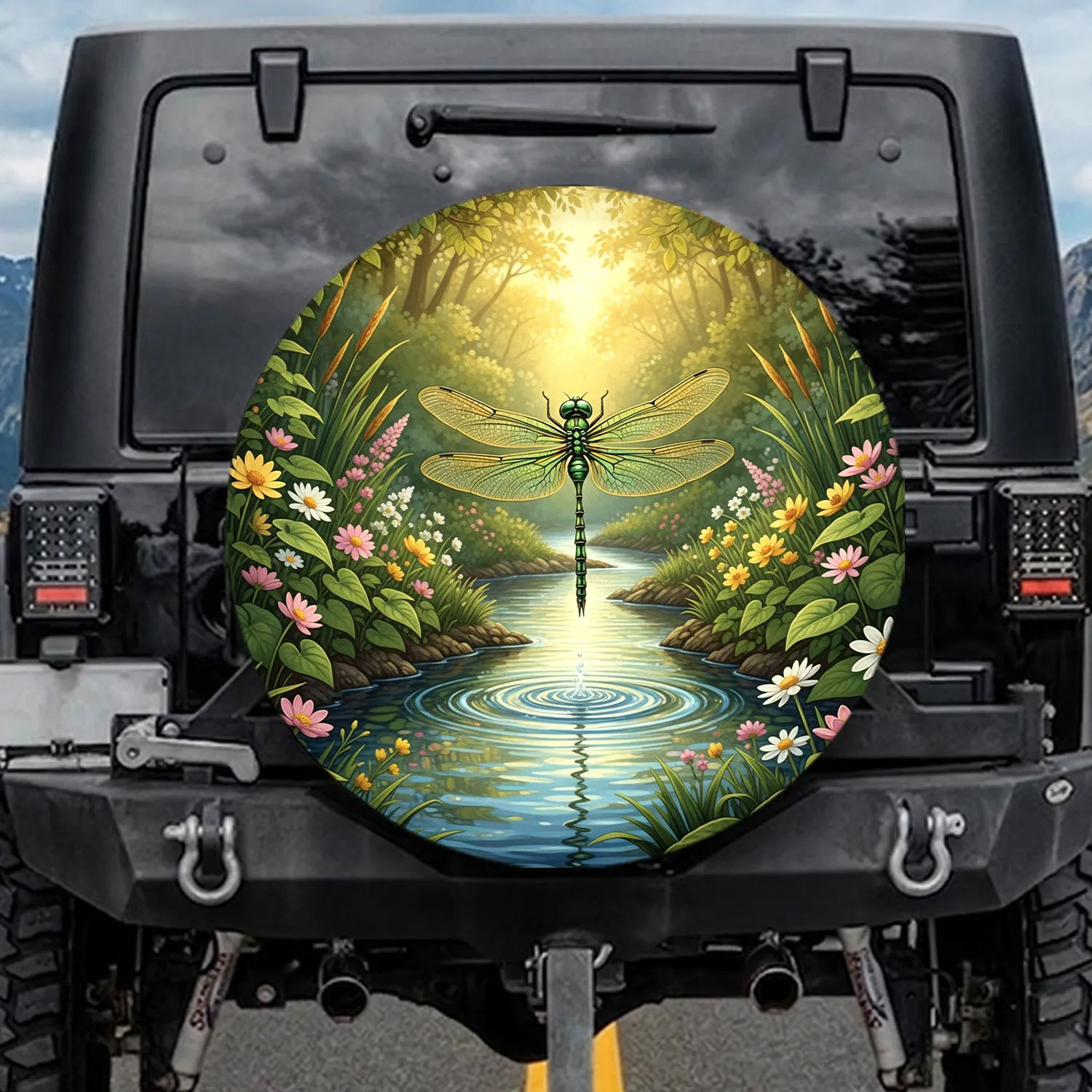 Green Gold Dragonfly Stream Wildflowers - Wildlife Lover Gift Spare Tire Cover - 1