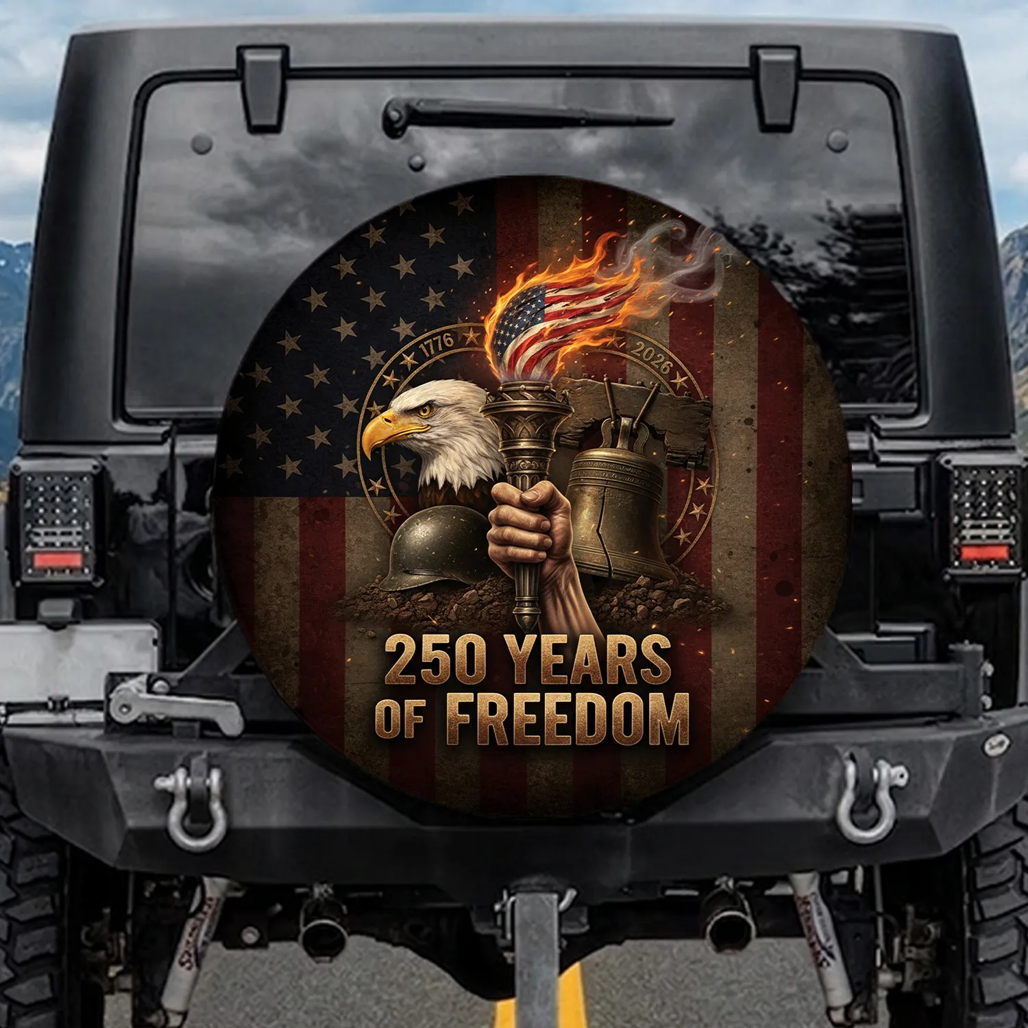Flaming Torch American Flag Eagle Liberty Bell - 250th Anniversary Freedom Gift Spare Tire Cover - 1