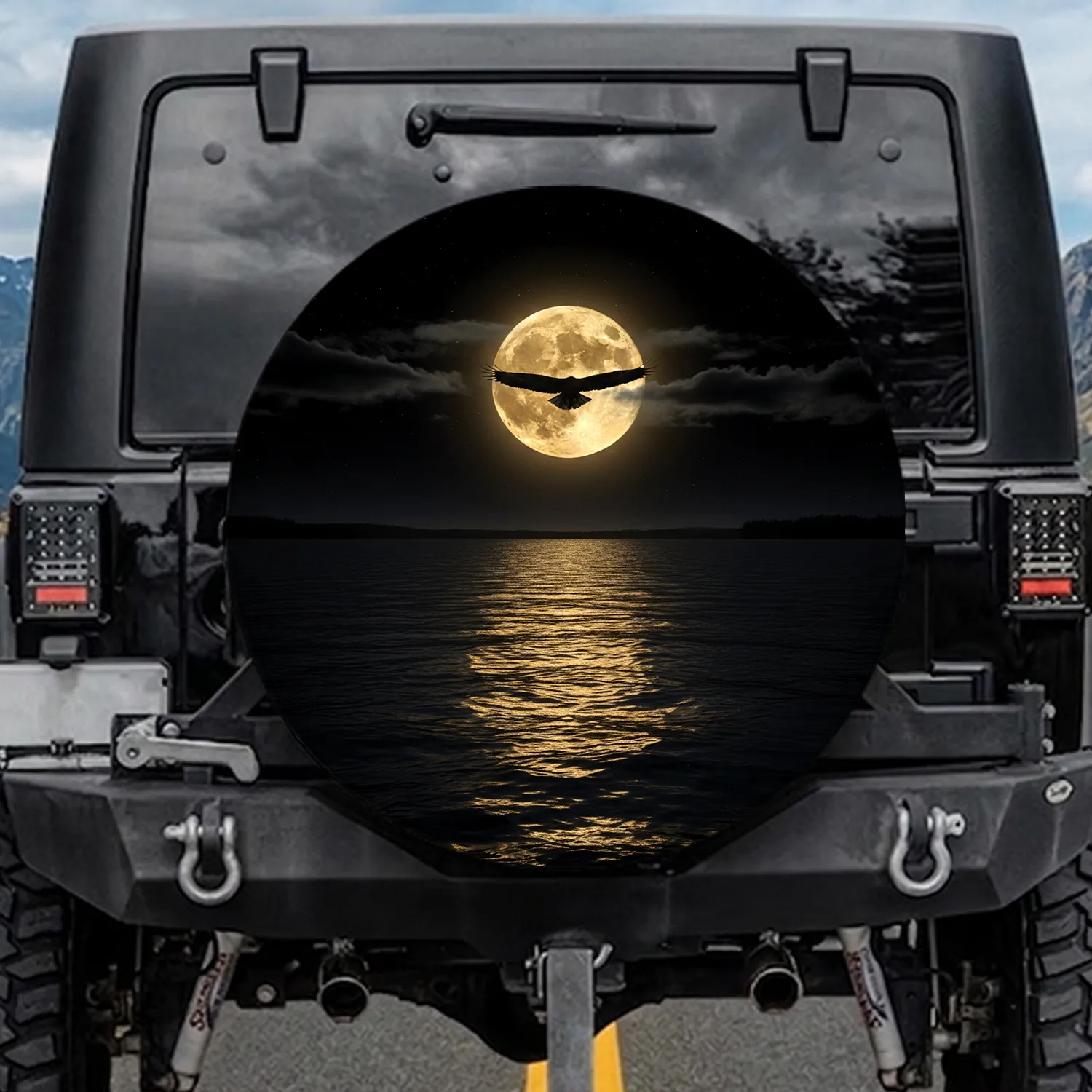 Majestic Full Moon Radiant Light Eagle Soaring Water Reflection - Nature Lover Gift Spare Tire Cover - 1