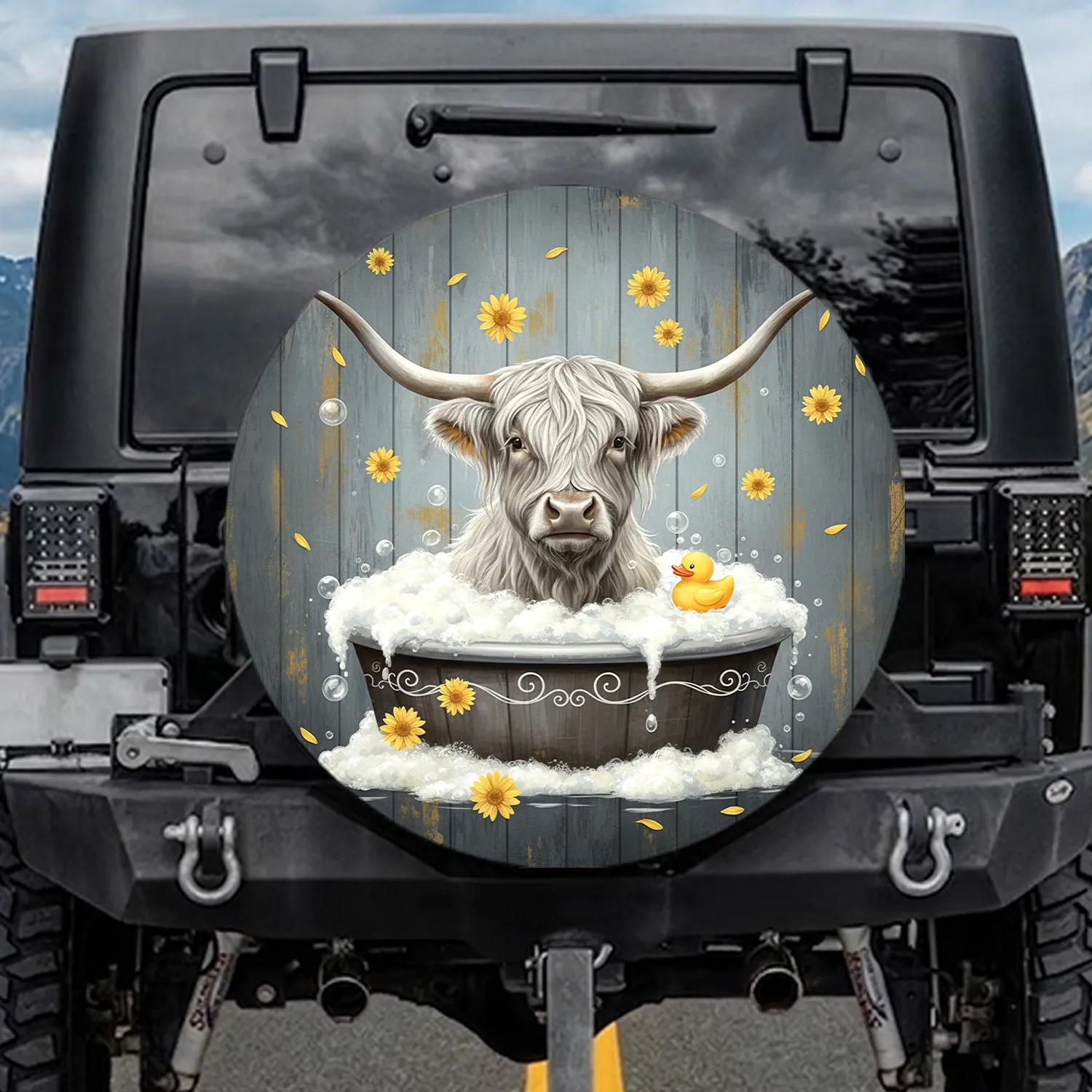 Fluffy Highland Cow Bathtub Bubbles Daisy - Farmhouse Home Decor for Cow Lover Spare Tire Cover - 1