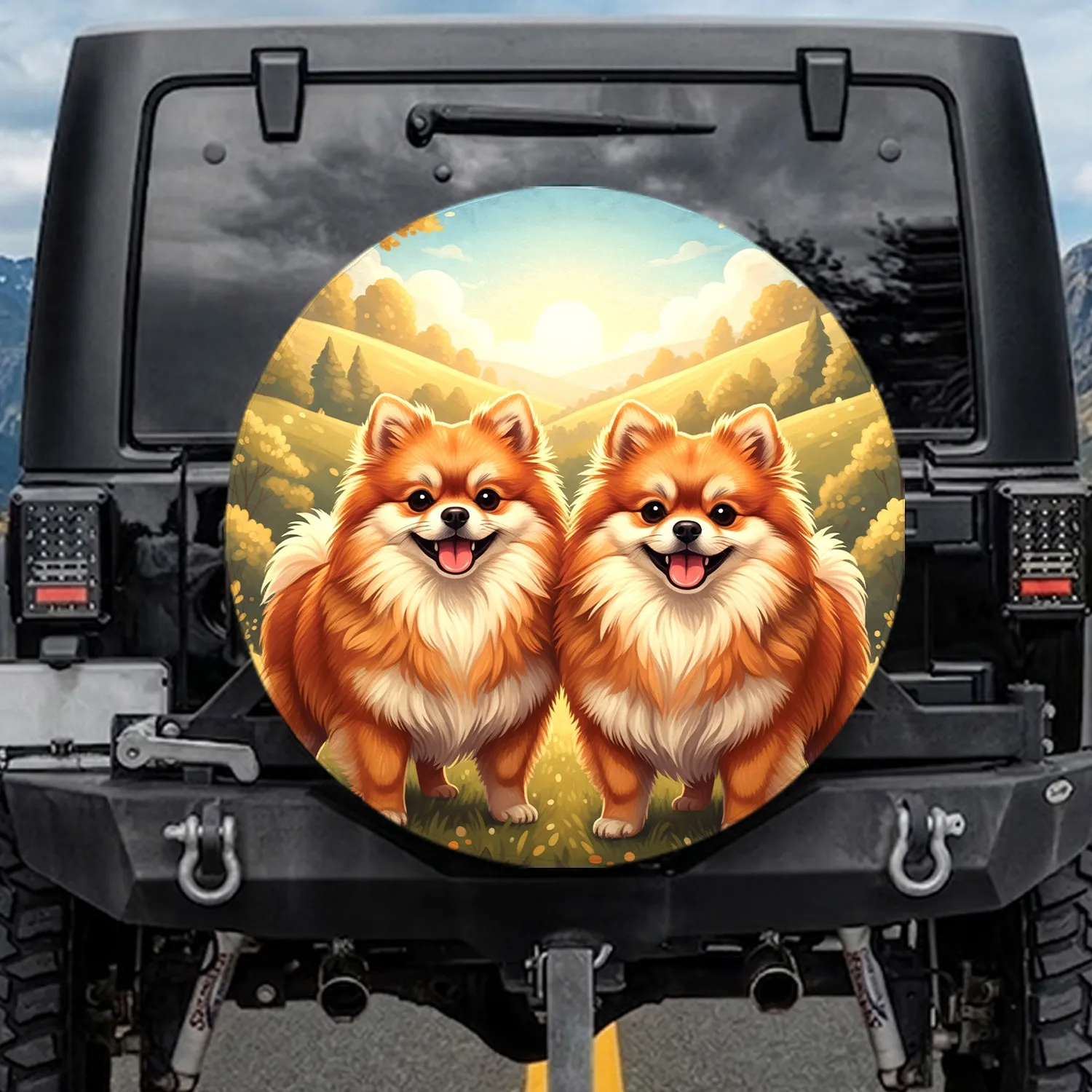 Fluffy Happy Pomeranian Dogs Sun-Drenched Natural Landscape Bright Sky - Dog Lover Gift Spare Tire Cover - 1